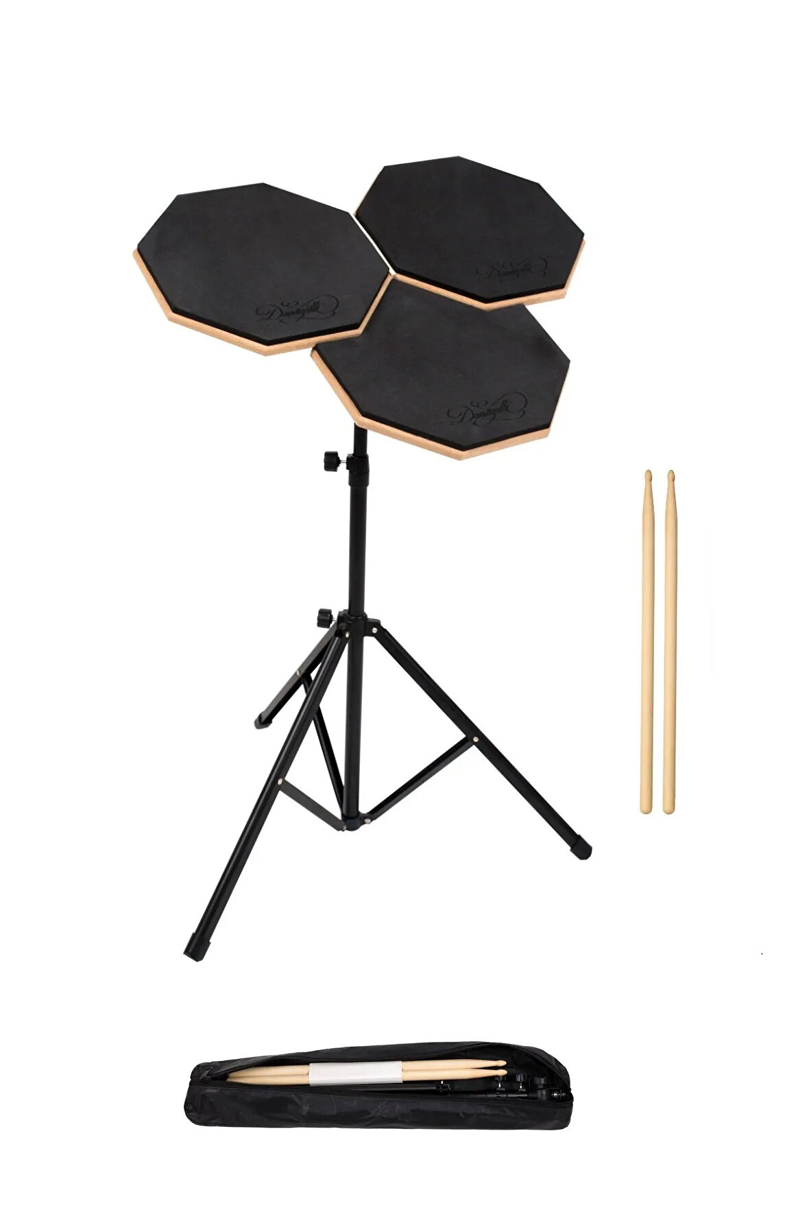 Bateri Davul Drum Pratik Çalışma Pedi ve Standı Baget 3'lü Set Çantalı