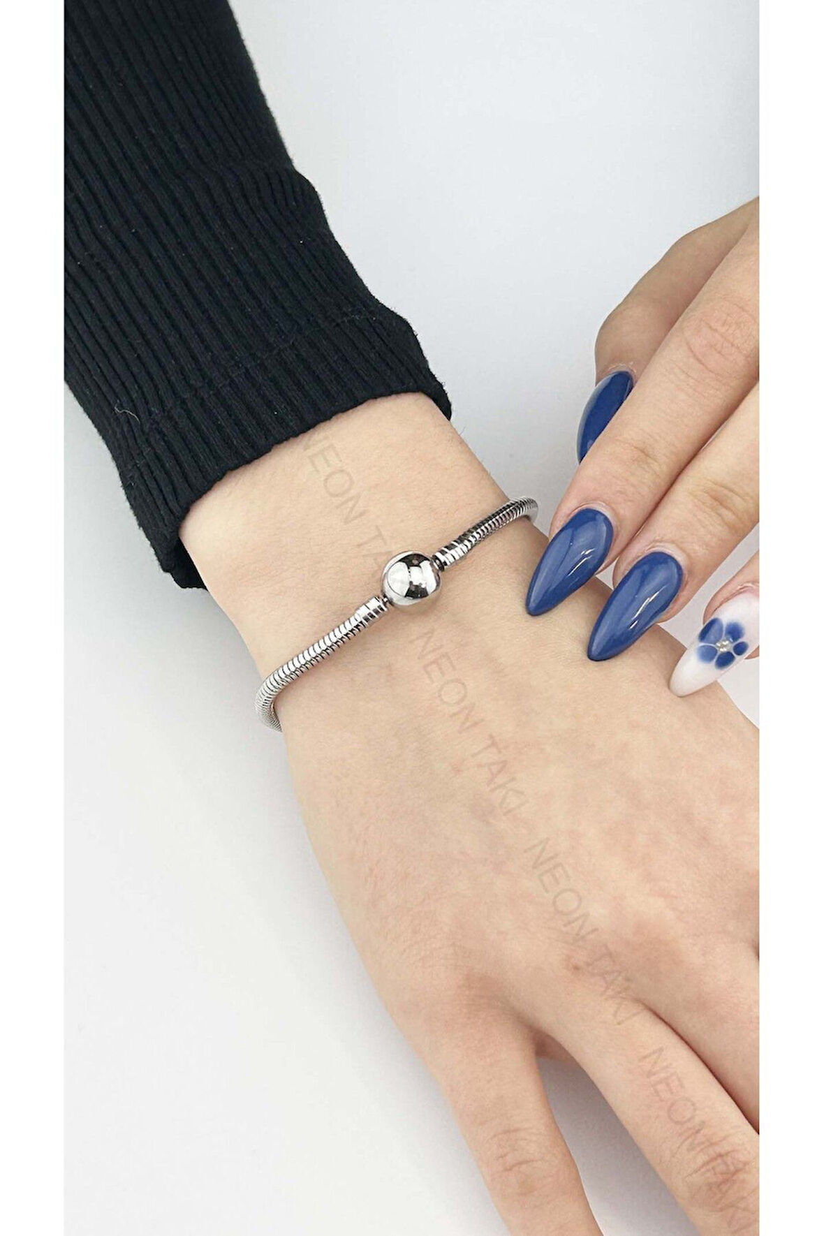 Charm Taşıyıcı, Paslanmaz Çelik, Pan Bileklik 141, Küre Klipsli, 17cm, Gümüş renk