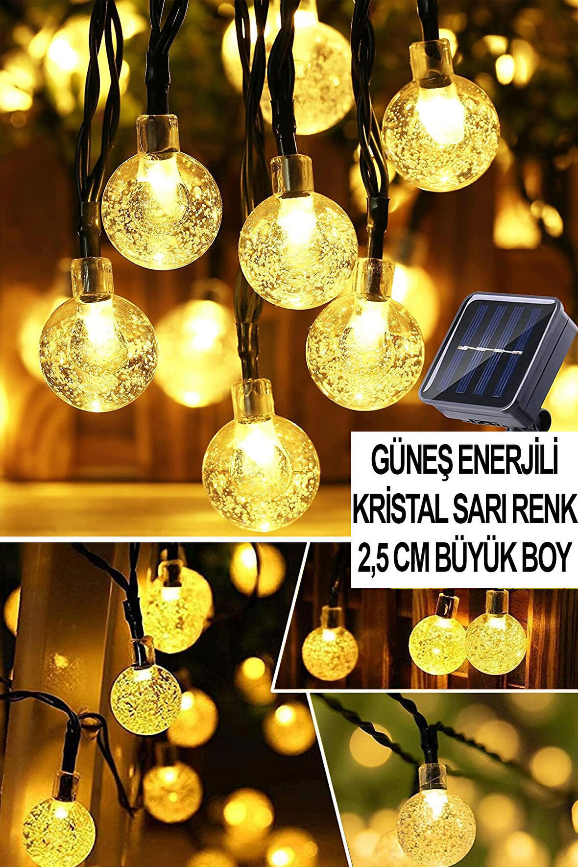 50 Led 7 Metre Sarı Kristal Küre 8 Modlu Bahçe Düğün Parti Dekor Işıkları Güneş Enerjili Işıklar