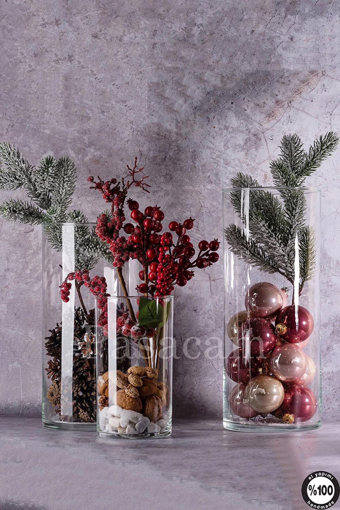 Delizli El Imalati 3'lü 10 Cm 20 30 40 Cm - El Işciliği Silindir Vazo Cam Kalın Tabandır Büyük Boy