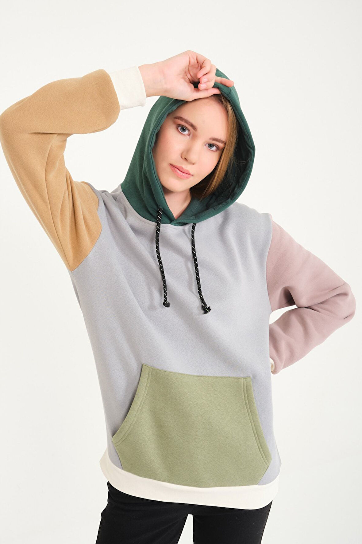 3 Iplik Penye Sınırlı Sayıda Baskısız Patchwork Unisex Kanguru Cepli Kapüşonlu Sweatshirt Hoodie | L