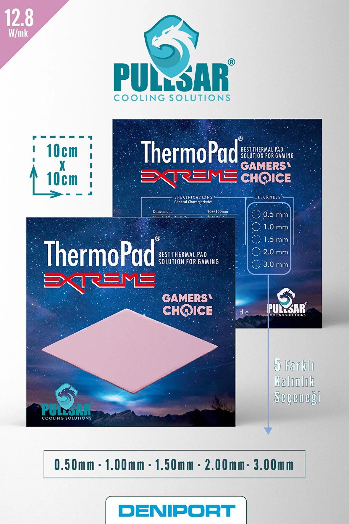 Pullsar Thermopad Extreme - 100x100 mm | 2,00 mm Kalınlık | 12,8 W/m-K İletkenlik ile Bilgisayarınız İçin Güçlü Soğutma Çözümü!