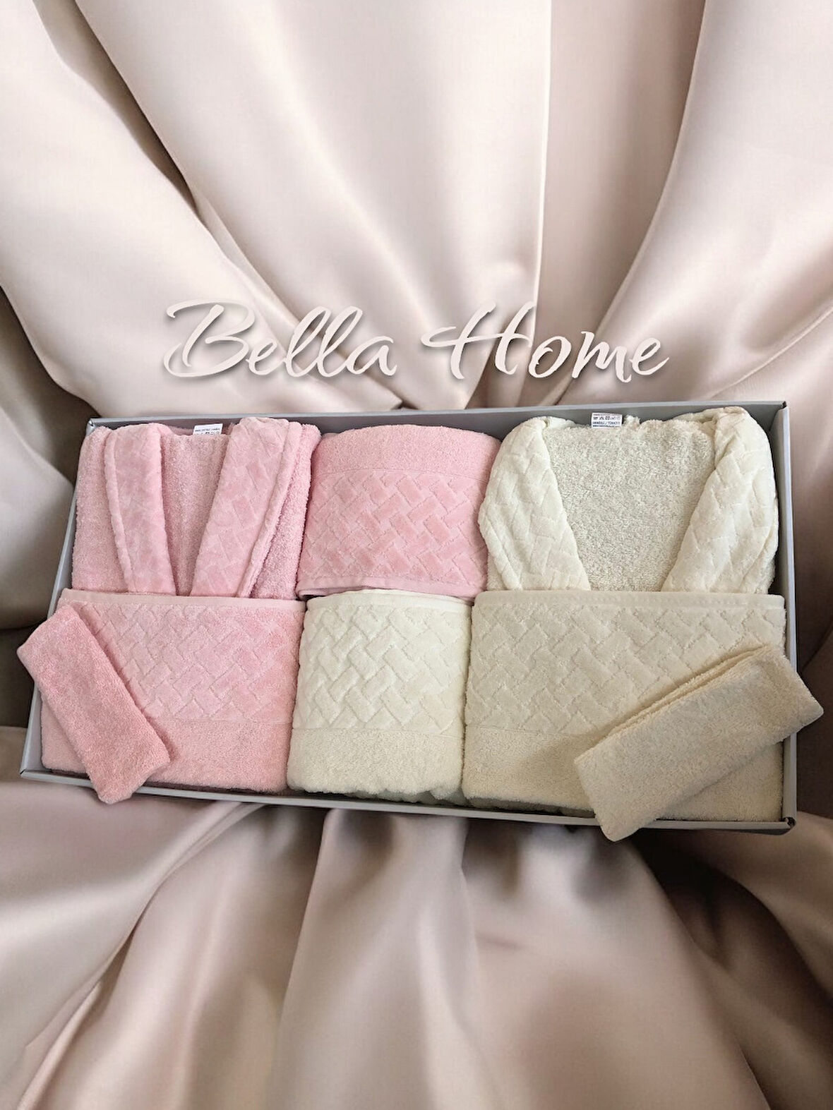 Bella Home 8 Parça Hasır Aile Bornoz Seti - Çeyiz Seti - %100 Pamuk - Orijinal Lüks Kutu