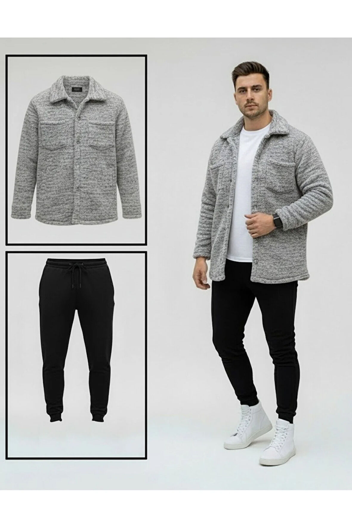 Unisex Pelüş Gri Ceket Ve Siyah Eşofman Kombini Alt Üst