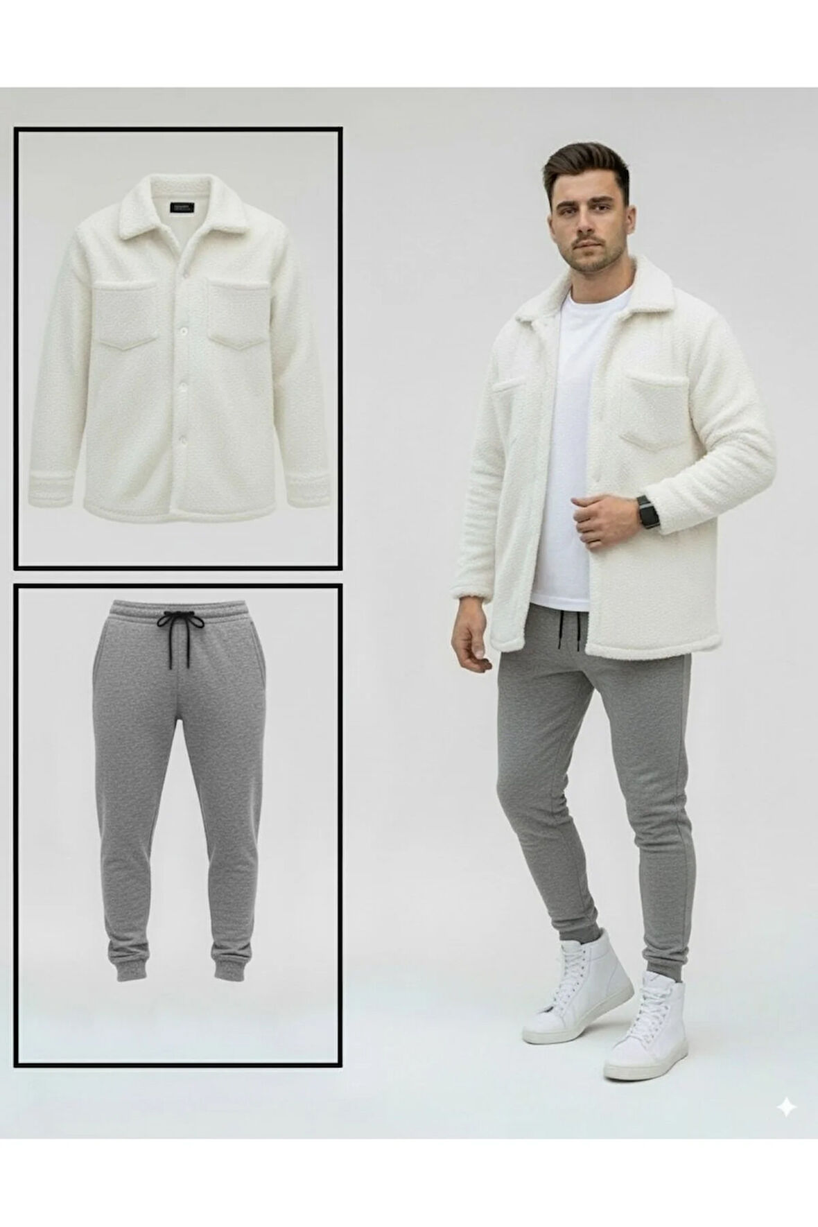 Unisex Pelüş Beyaz Ceket Ve Gri Eşofman Kombini Alt Üst