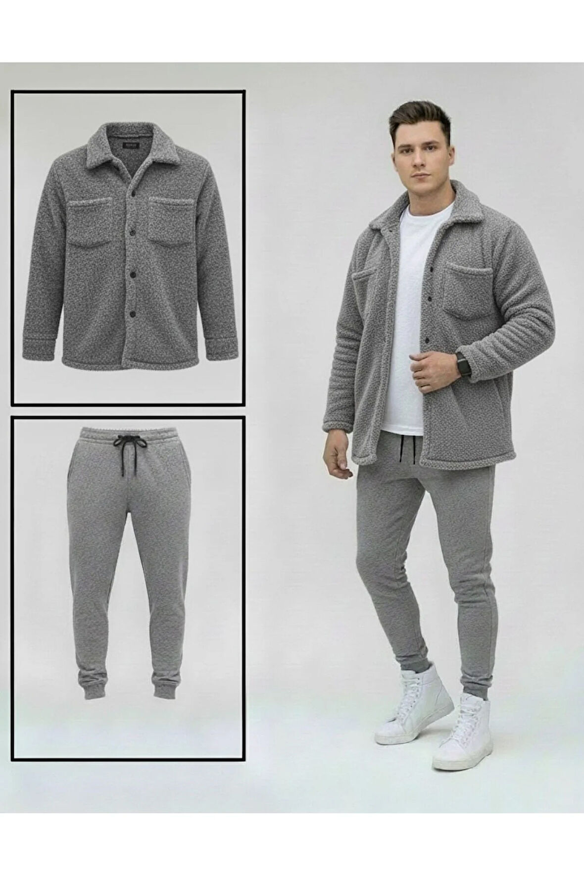 Unisex Pelüş Gri Ceket Ve Gri Eşofman Kombini Alt Üst