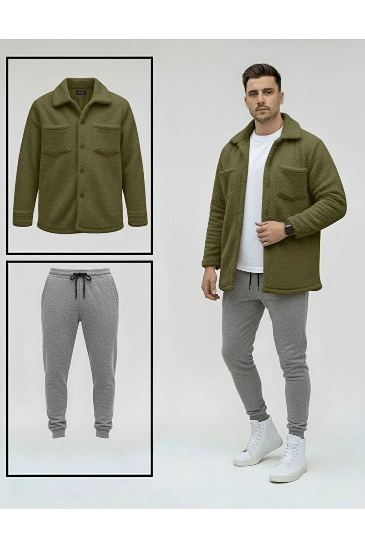 Unisex Pelüş Haki Ceket Ve Gri Eşofman Kombini Alt Üst