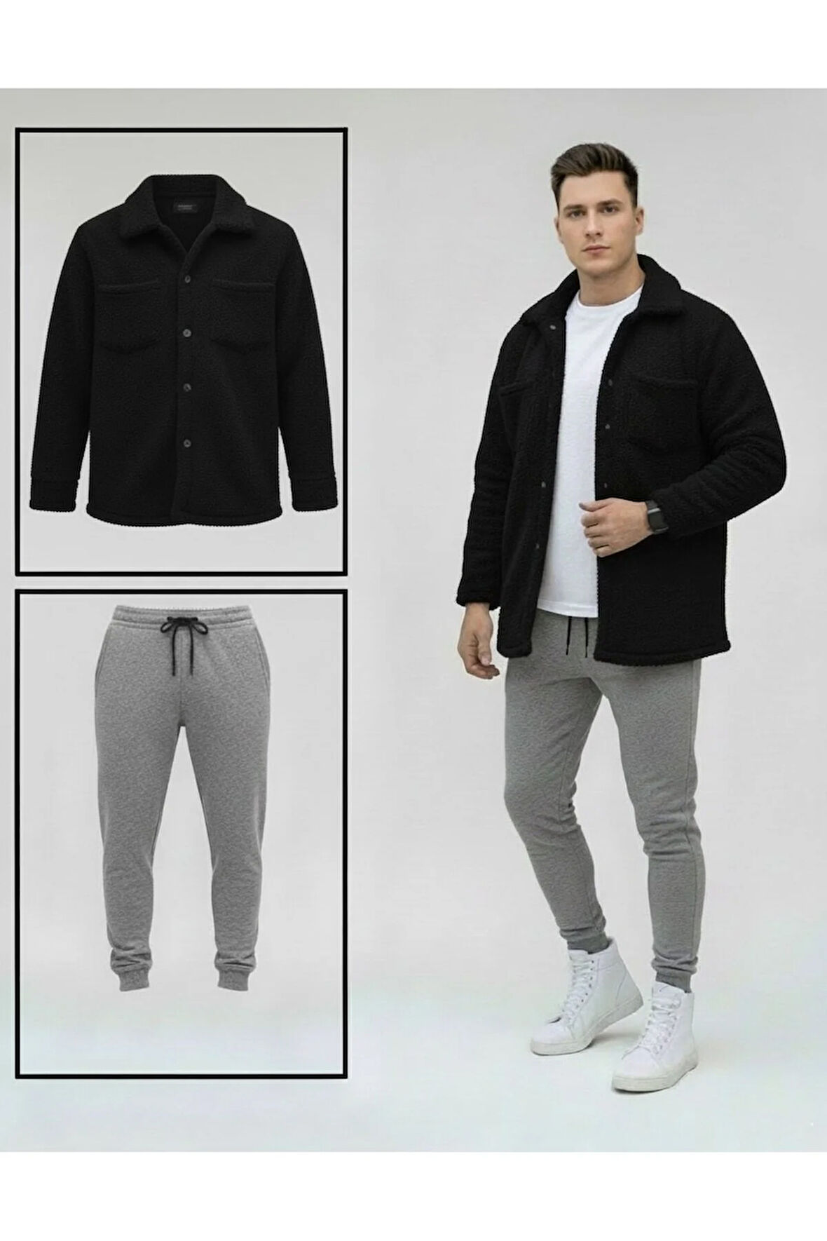 Unisex Pelüş Siyah Ceket Ve Gri Eşofman Kombini Alt Üst