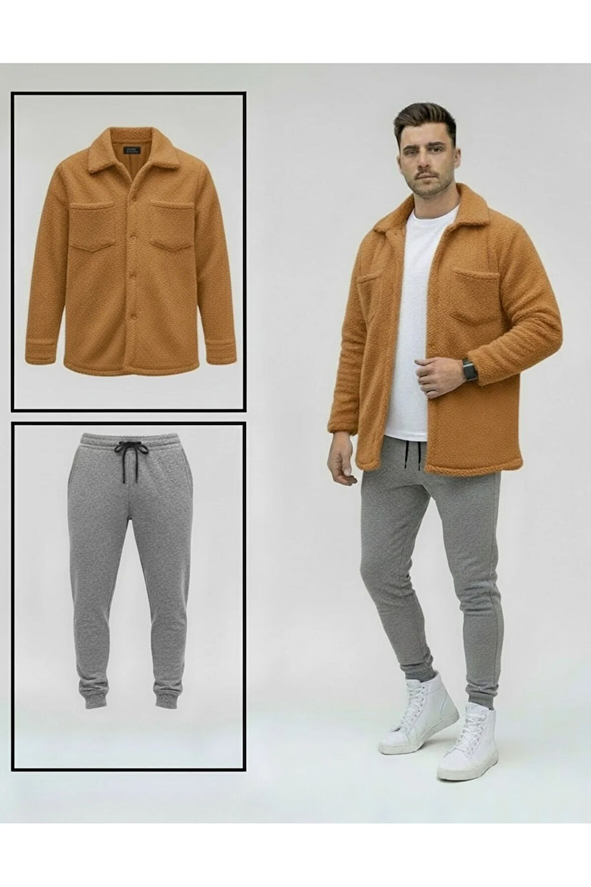 Unisex Pelüş Taba Ceket Ve Gri Eşofman Kombini Alt Üst