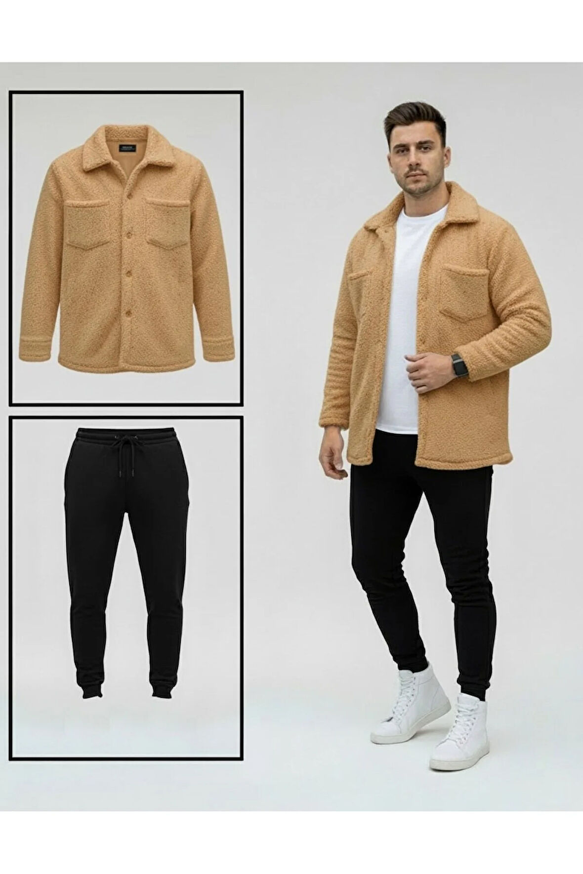 Unisex Pelüş Taba Ceket Ve Siyah Eşofman Kombini Alt Üst