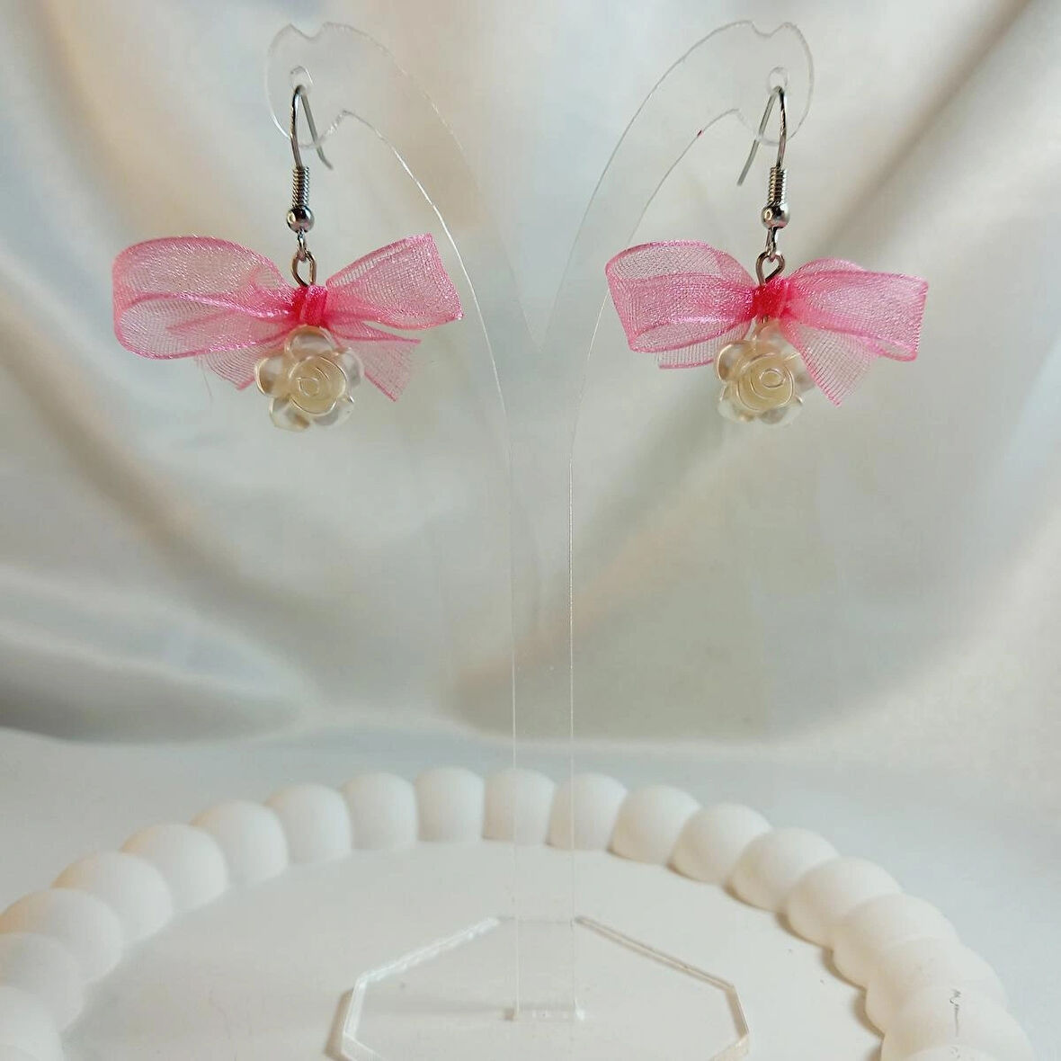 Pembe Kurdele Detaylı Aesthetic Soft Vibes Vintage Coquette Çiçek İnci Kadın Hediyelik Küpe