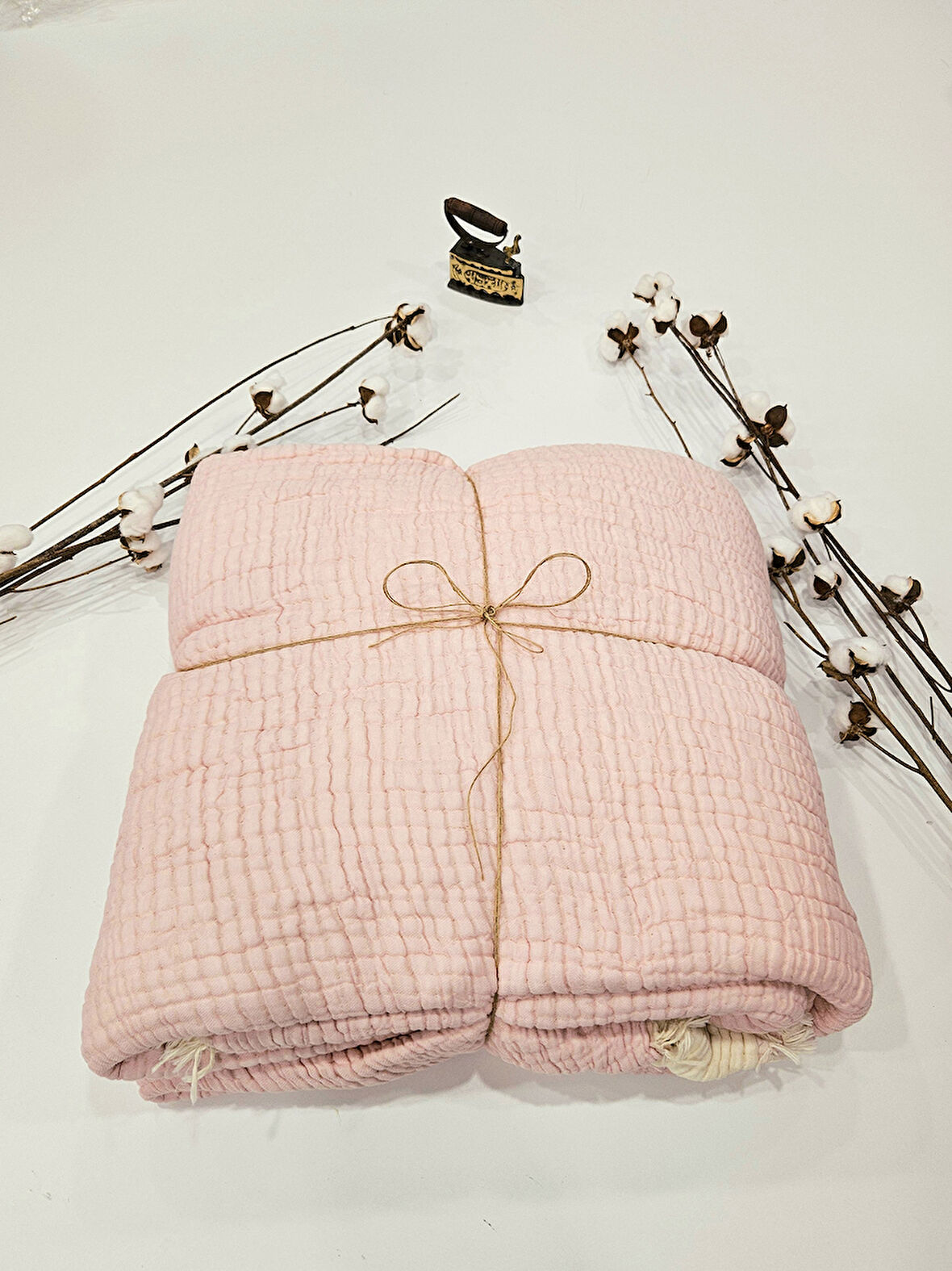 Pembe 7 Katlı Çift Taraflı Dolgulu Çift Kişilik Müslin Battaniye %100 Pamuk 230x240 cm
