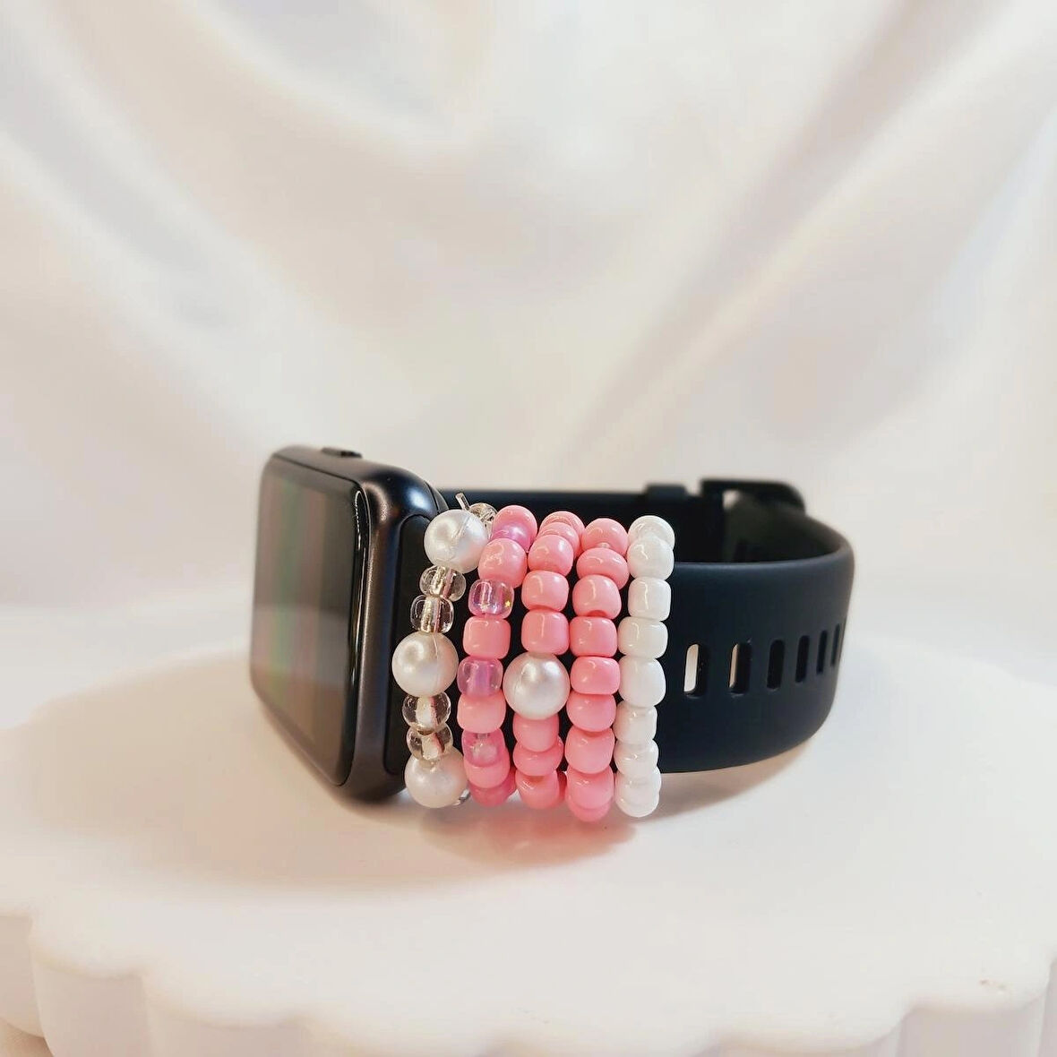 Pembe Renk İnci Boncuk Watch Band Charm - Akıllı Saat Kordon Süsü