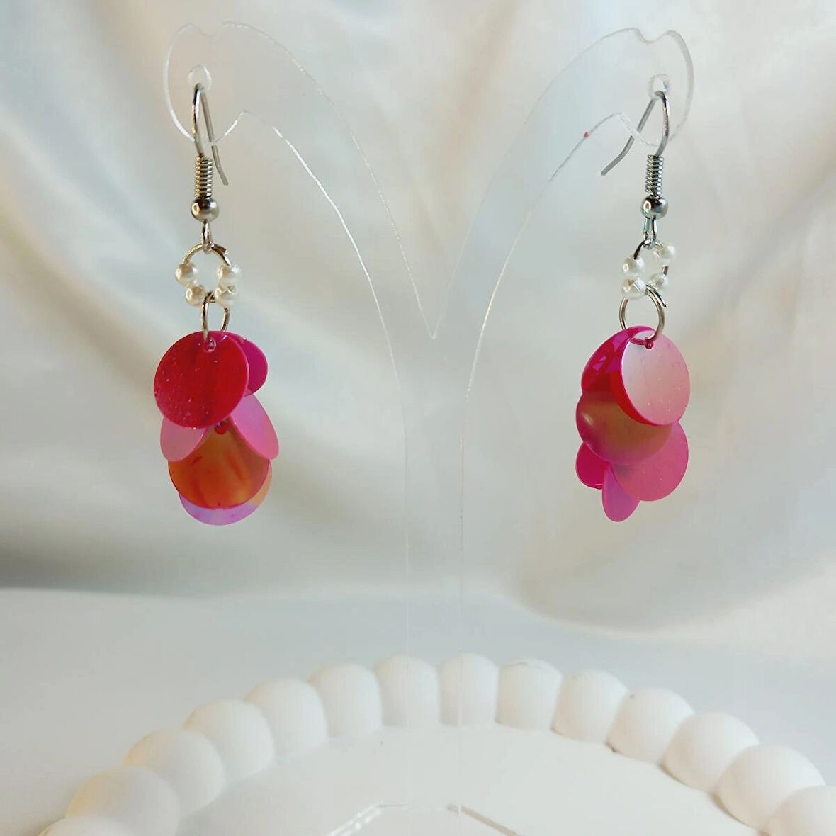 İnci Boncuk Yuvarlak Pembe Pul Boncuk Aesthetic Soft Vibes Vintage Hediyelik Tasarım Sallantılı Küpe