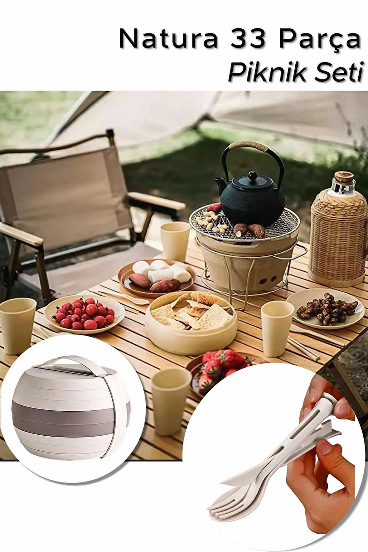 Natura 33 Parça Modüler Piknik Seti | Bardak, Tabak, Çatal Kaşık Bıçak – Taşınabilir Kompakt Tasarım