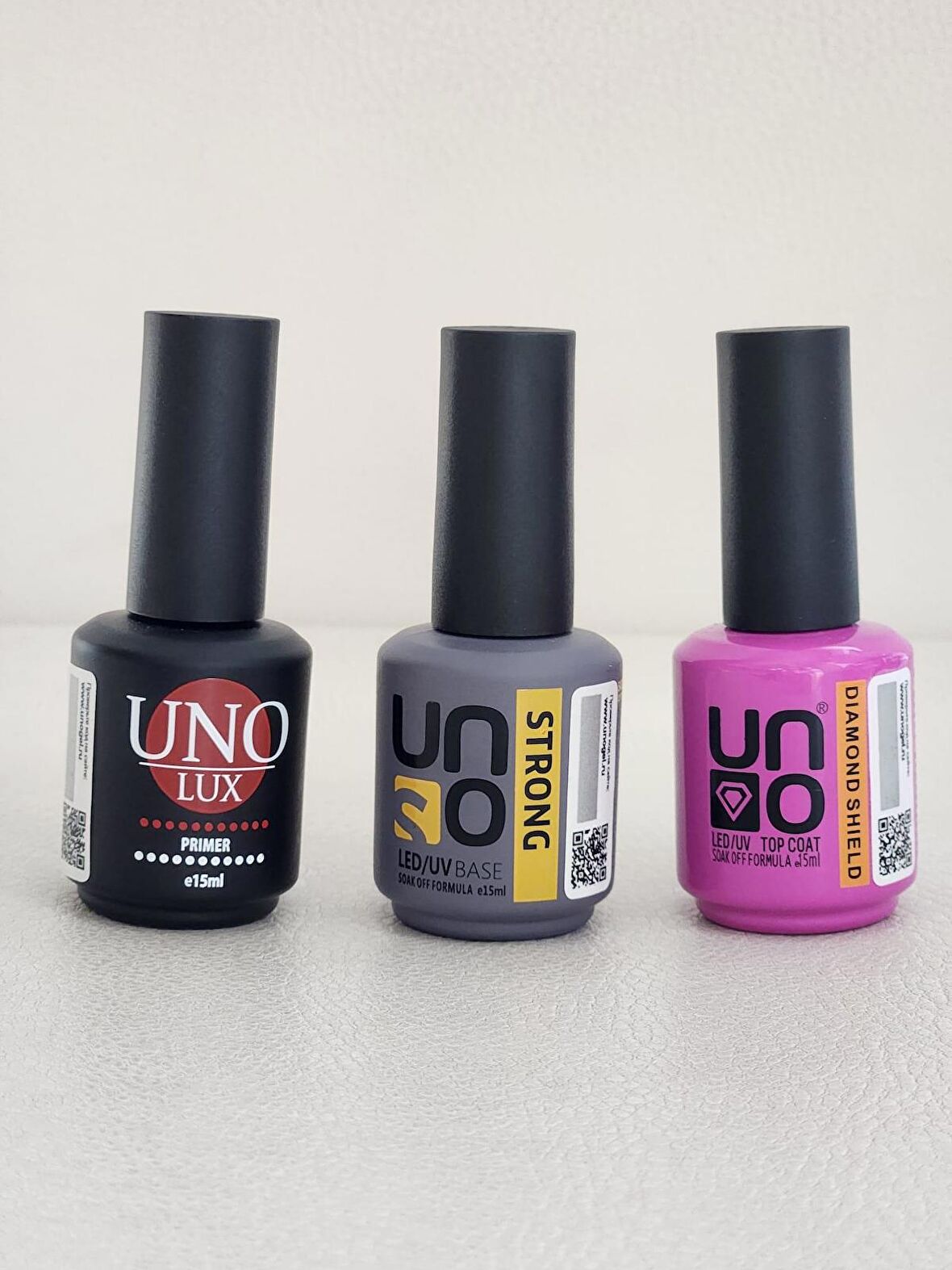 Kalıcı Oje Seti Primer 15ml+ Uno Stron Base 15ml+Uno Daımond Top Coat 15ml