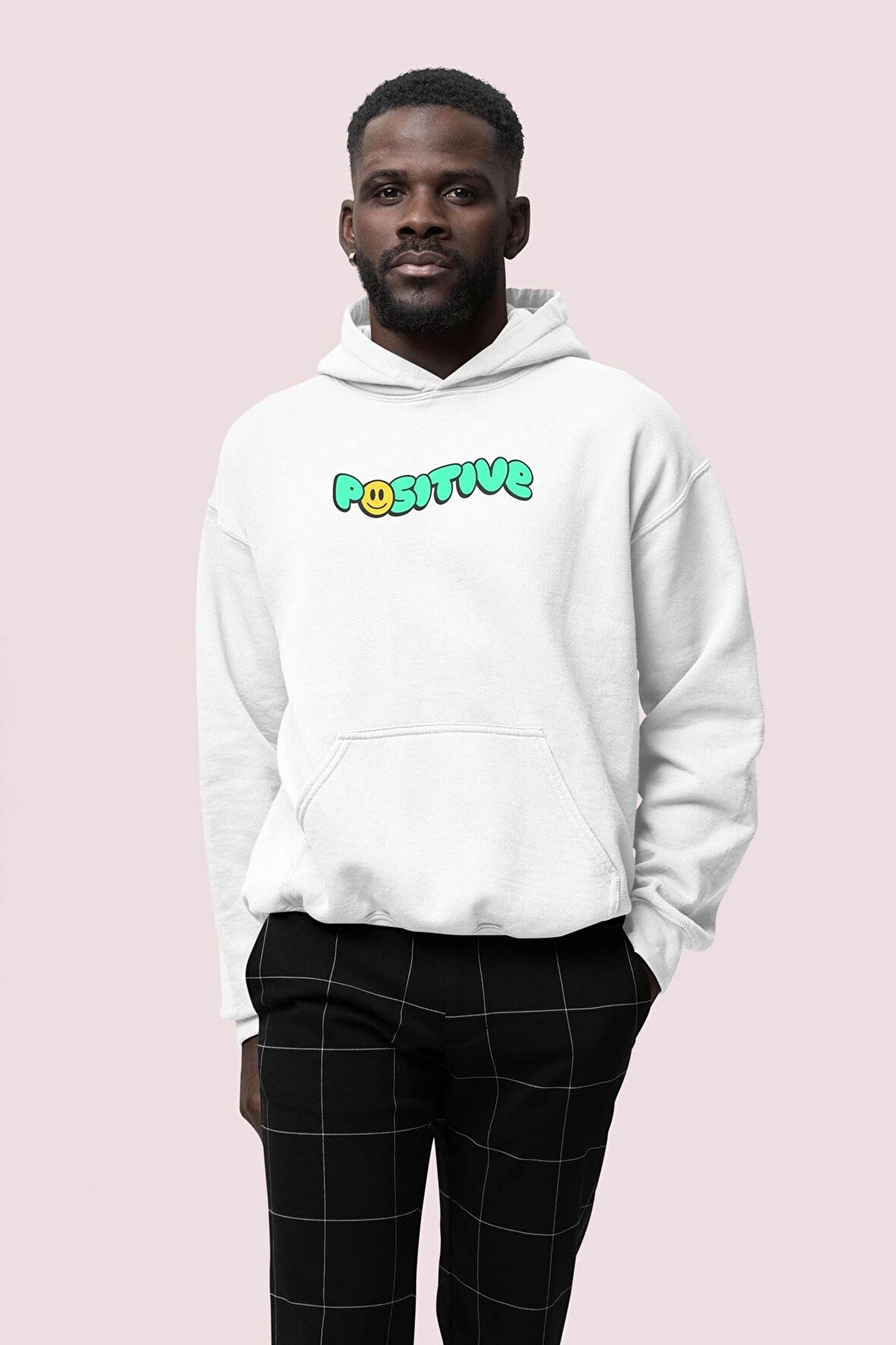 Positive Baskılı Beyaz Erkek Kapüşonlu 3 iplik Şardonlu Ribanalı Sweatshirt Hoodie