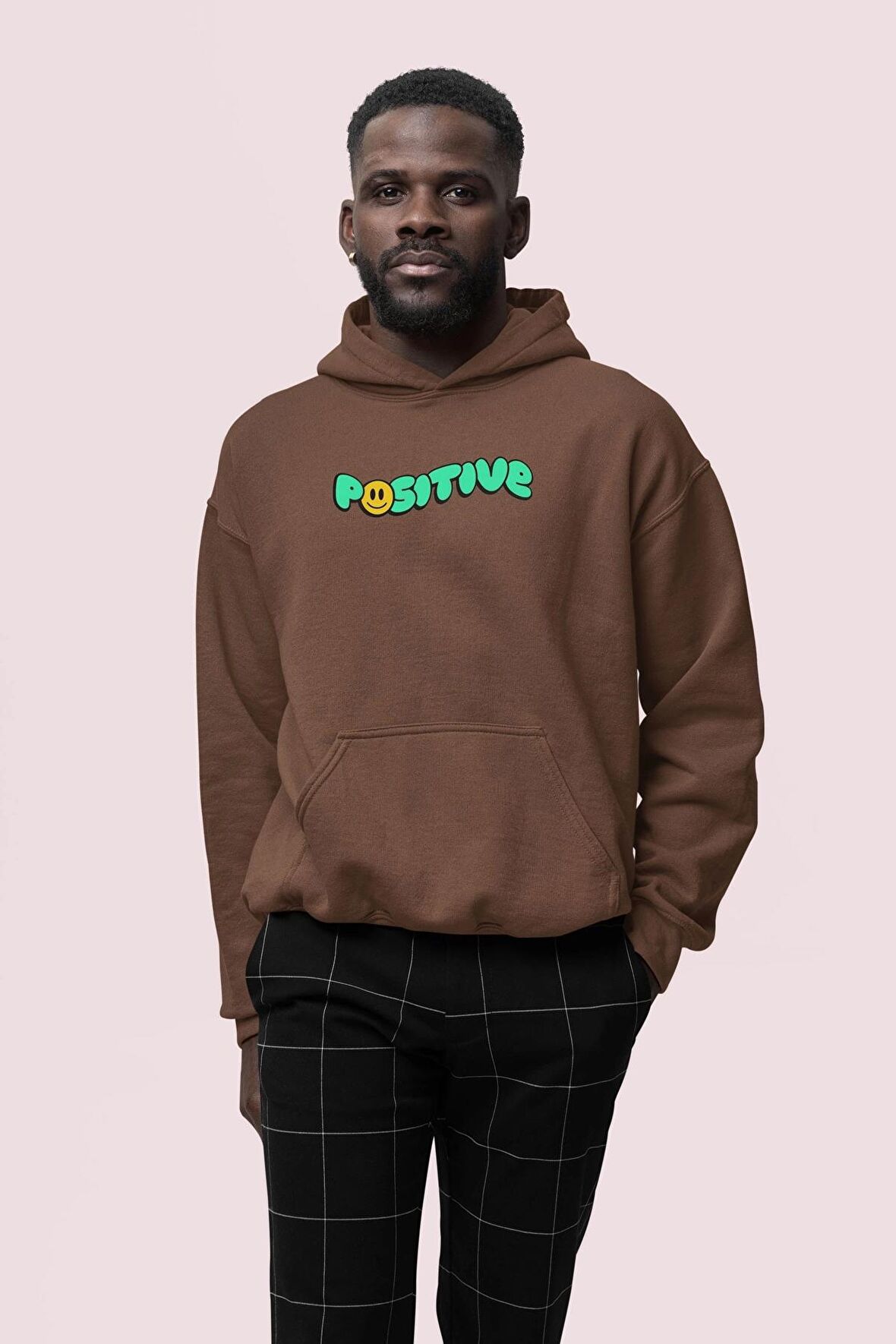 Positive Baskılı Kahverengi Erkek Kapüşonlu 3 iplik Şardonlu Ribanalı Sweatshirt Hoodie