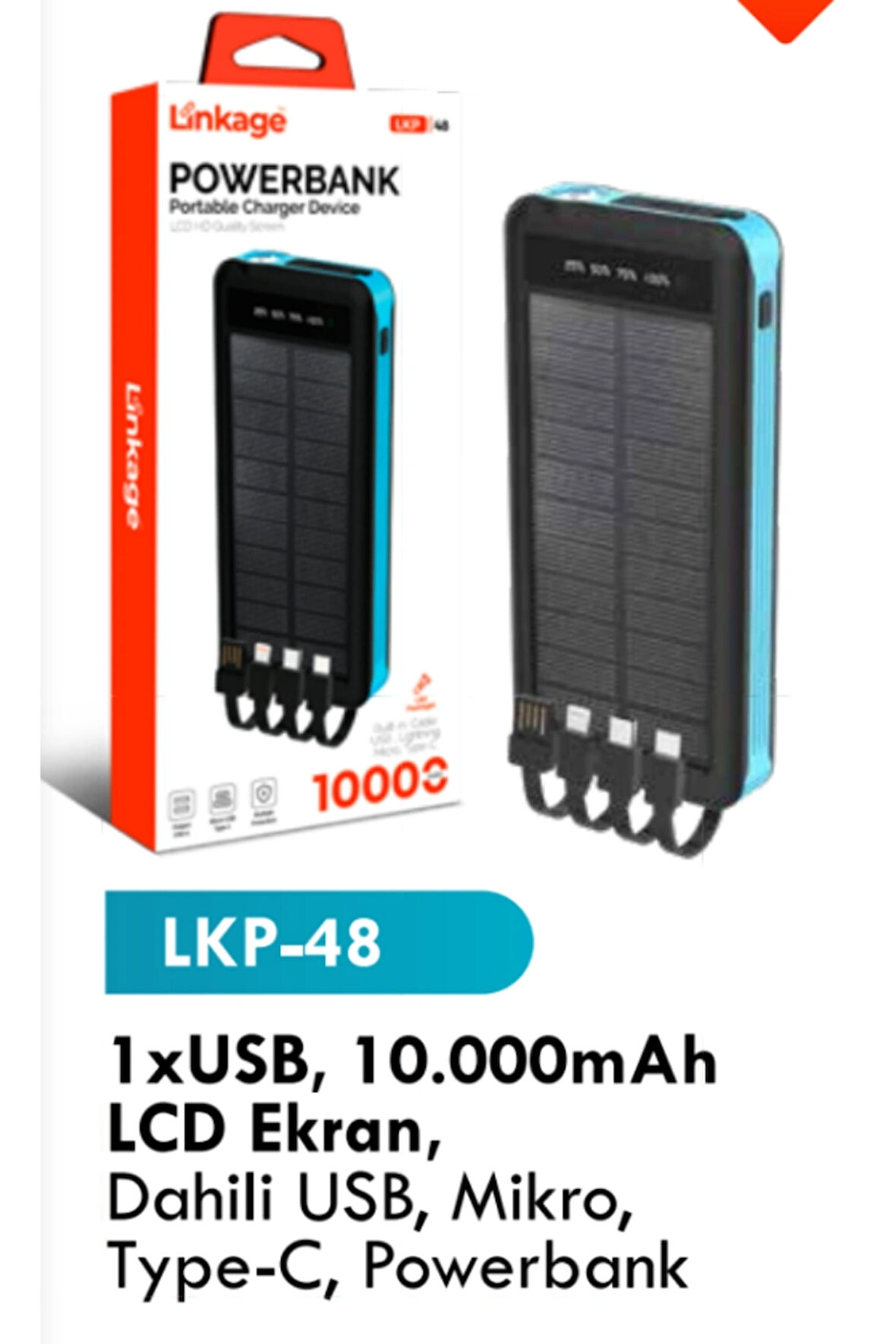 1 USB 10000 mAh LCD ekran dahili USB mikro TYPE C powerbank 