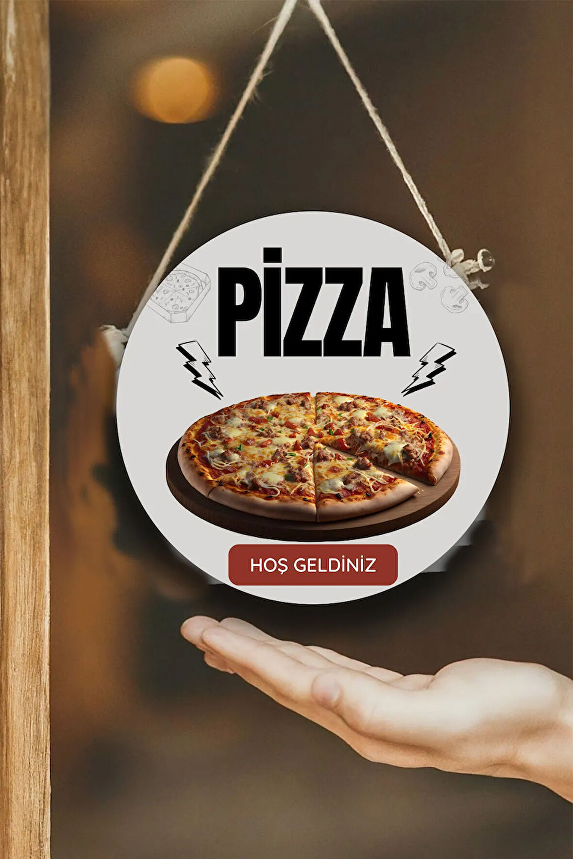 Pizza Salonu için Tek Taraflı Hoş Geldiniz Tabelası, Pizza Dükkan Kapı Duvar Tablo Pano Süs Dekor