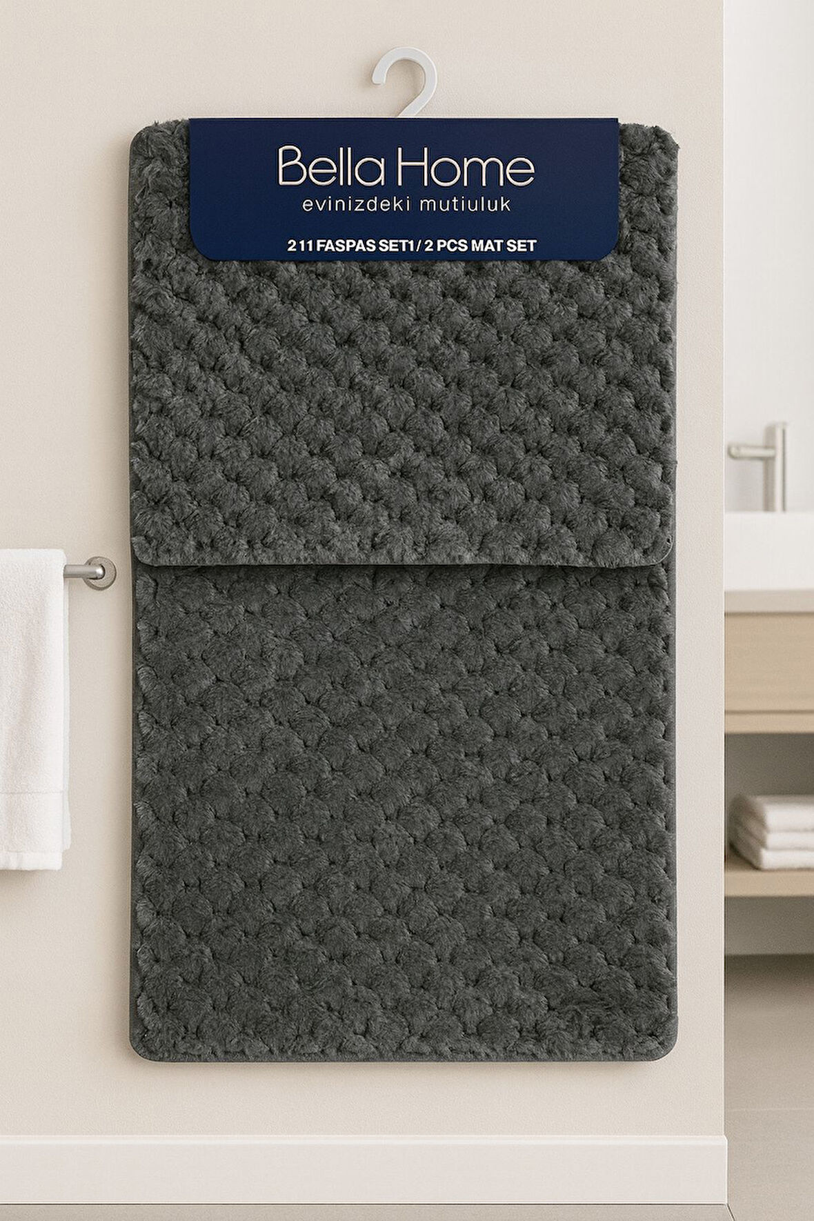 Bella Home 2'li Petek Puffy Klozet Takımı - Yıkanabilir Kaymaz Dot Taban - 60x100 cm 50x60 cm