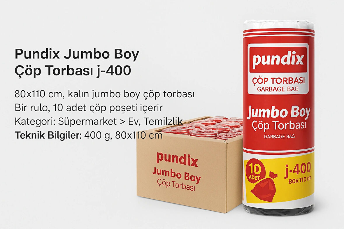 Pundix J400 Endüstriyel Çöp Poşeti 80X110 cm Siyah Jumbo Boy Kalın Seri – 1 Koli (20 Rulo / 200 Adet) Dayanıklı, Sızdırmaz ve Geniş Hacimli Çöp Torbası