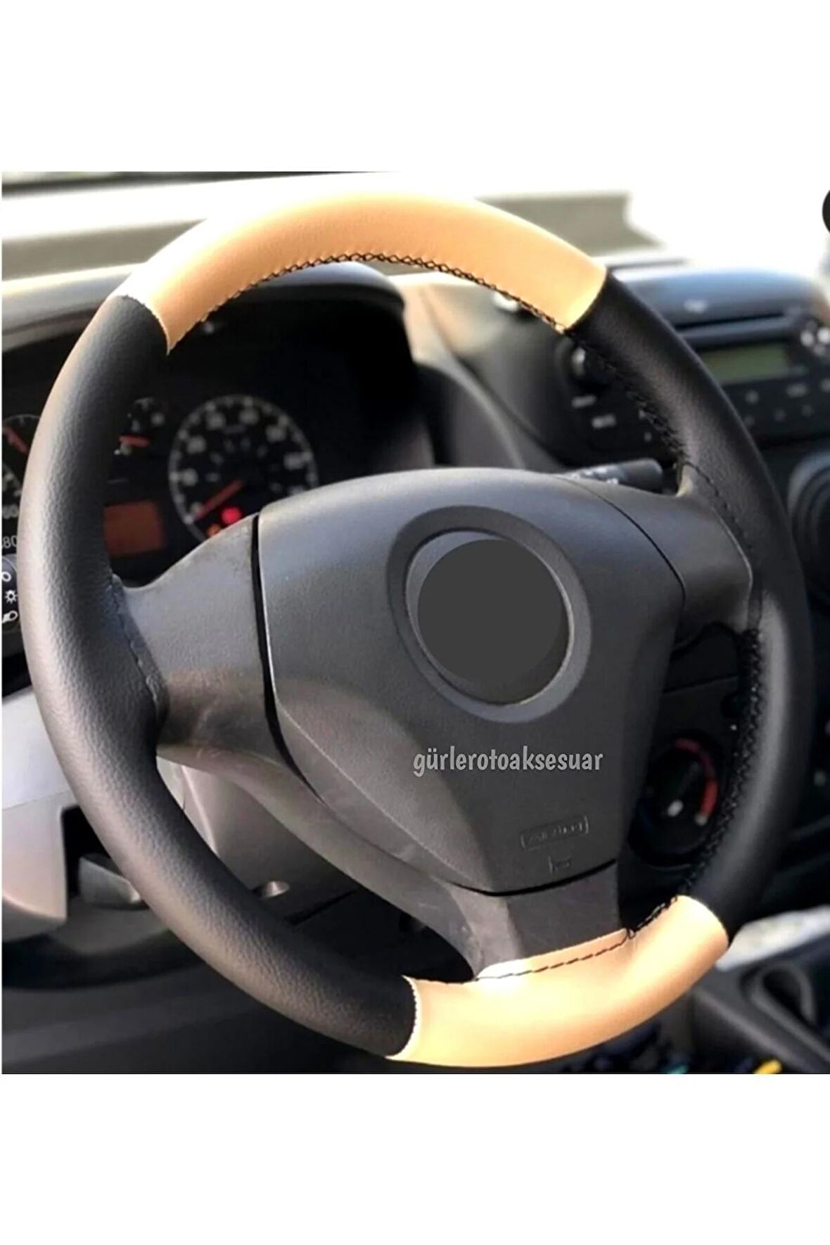 Fiat Punto Uyumlu Iki Renkli Dikmeli Direksiyon Kılıfı Bej-Siyah