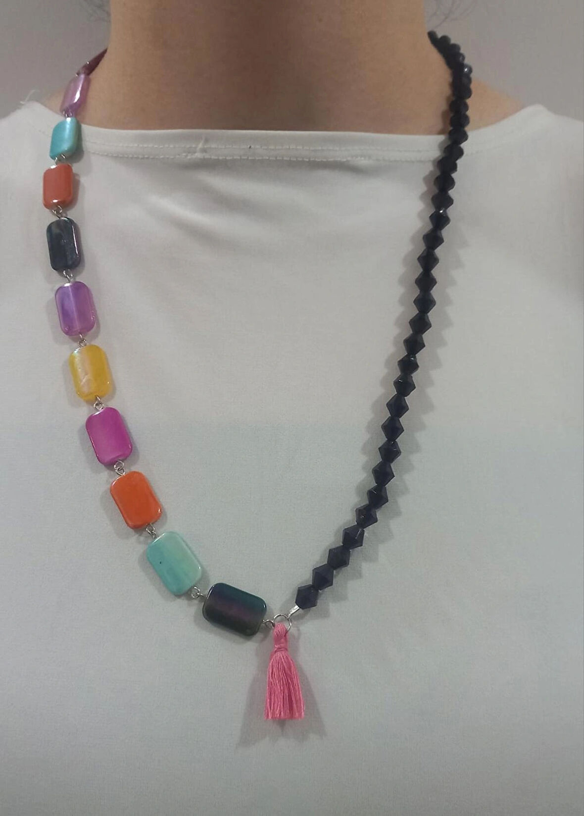 Kristal Taşlı Renkli Boncuklu Püskül Aesthetic Soft Vibes Vintage Sallantılı Tasarım Hediyelik Kolye