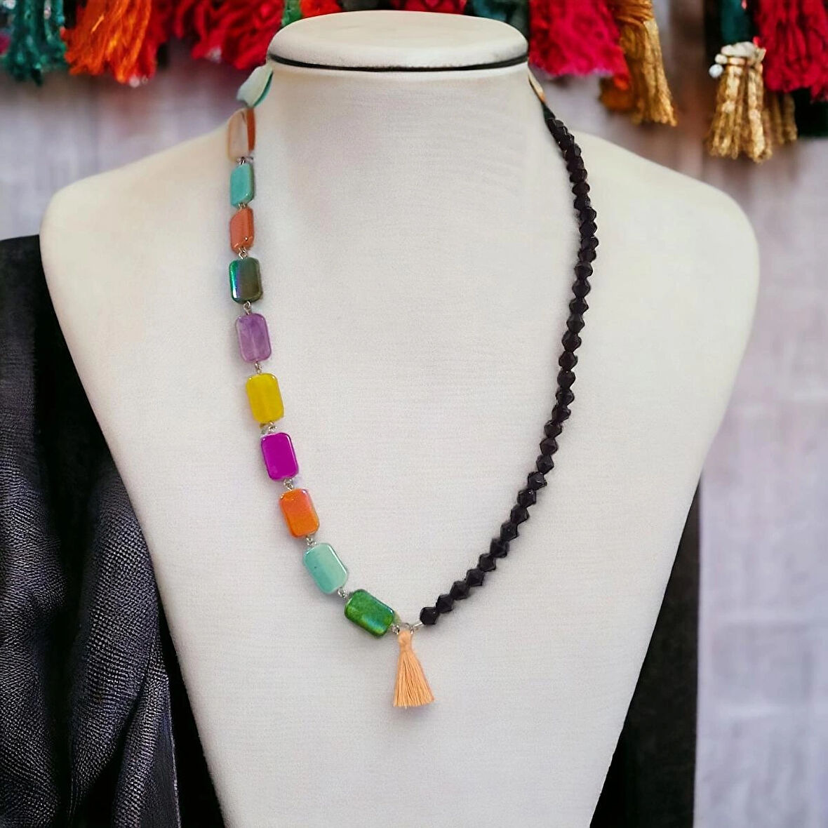 Kristal Taşlı Renkli Boncuklu Püskül Aesthetic Soft Vibes Vintage Sallantılı Tasarım Hediyelik Kolye
