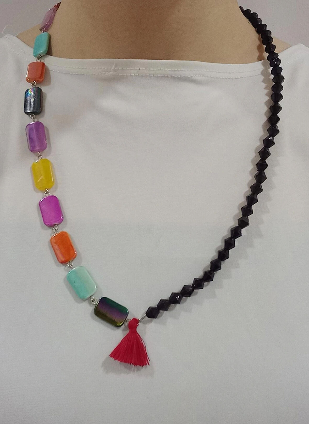 Kristal Taşlı Renkli Boncuklu Püskül Aesthetic Soft Vibes Vintage Sallantılı Tasarım Hediyelik Kolye