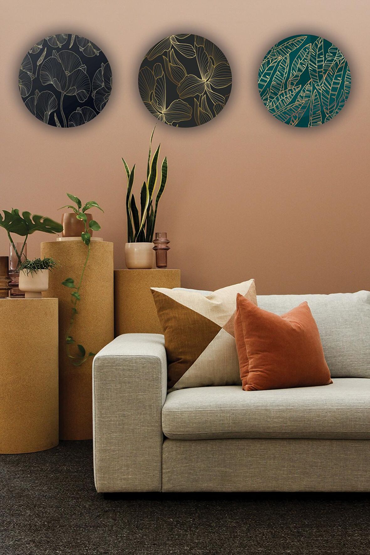 Ahşap Tablo Yaprak Çiçek Desenli 3'lü Mdf Tablo