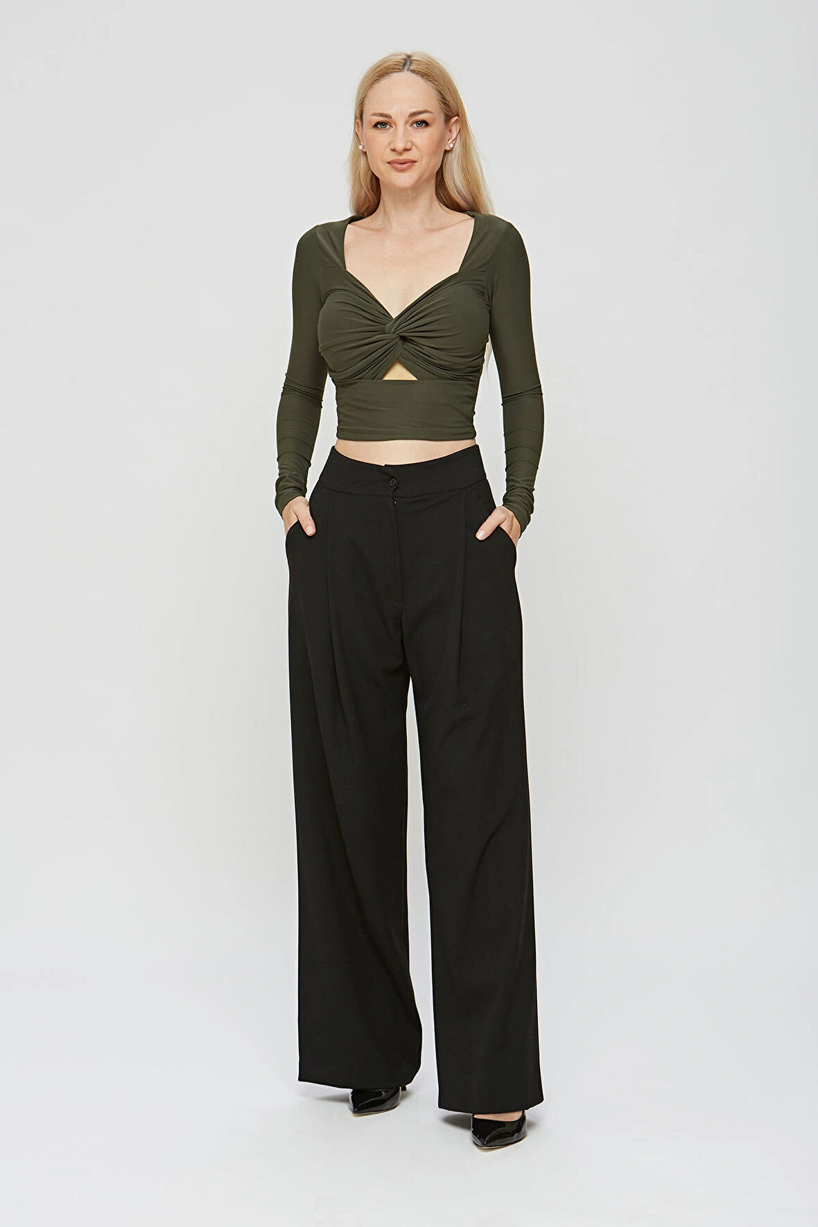 Haki Lycra Soft Touch Kumaş Önü Düğümlü EsteWoman Body Bluz