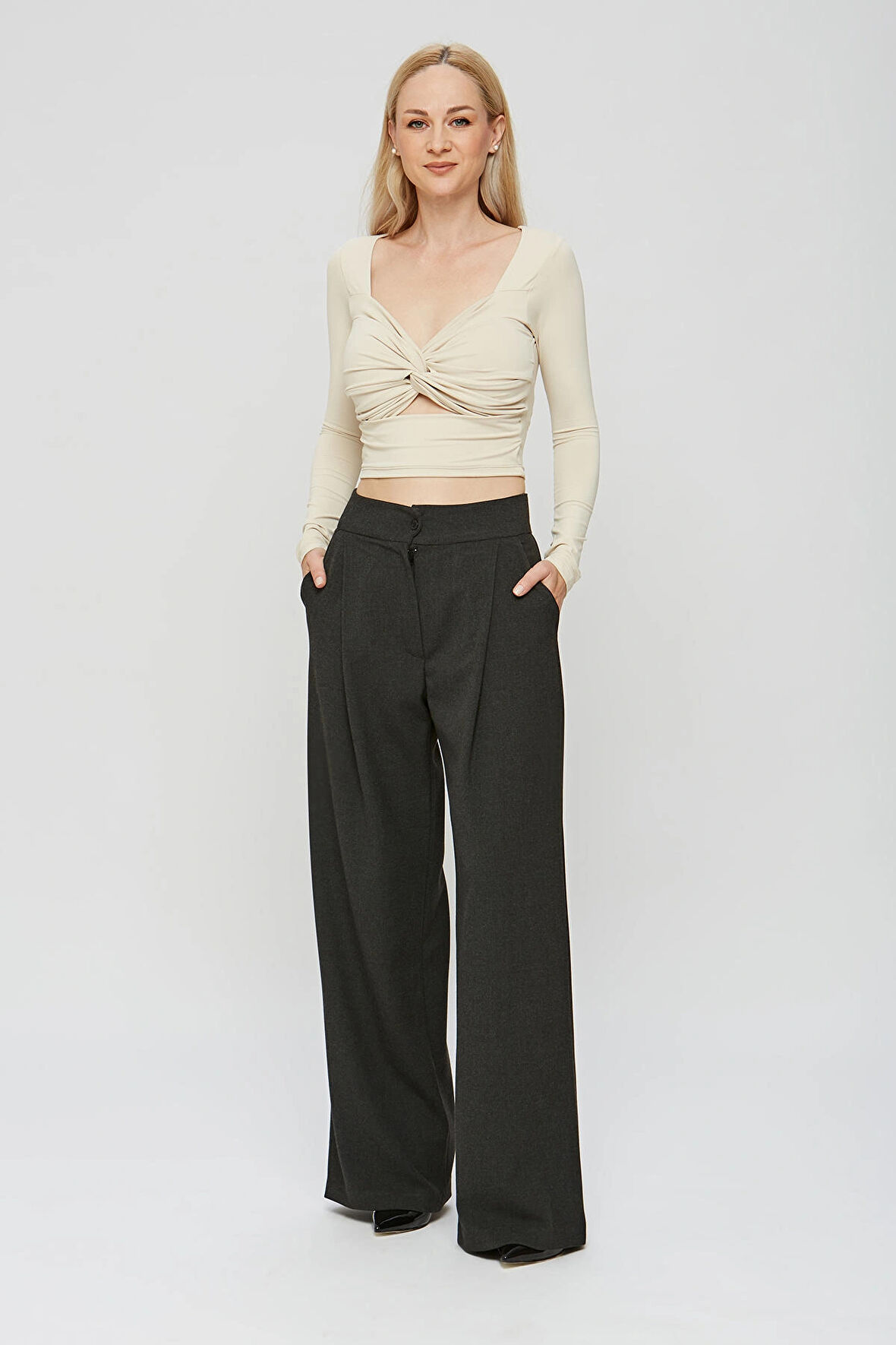 Bej Lycra Soft Touch Kumaş Önü Düğümlü EsteWoman Body Bluz