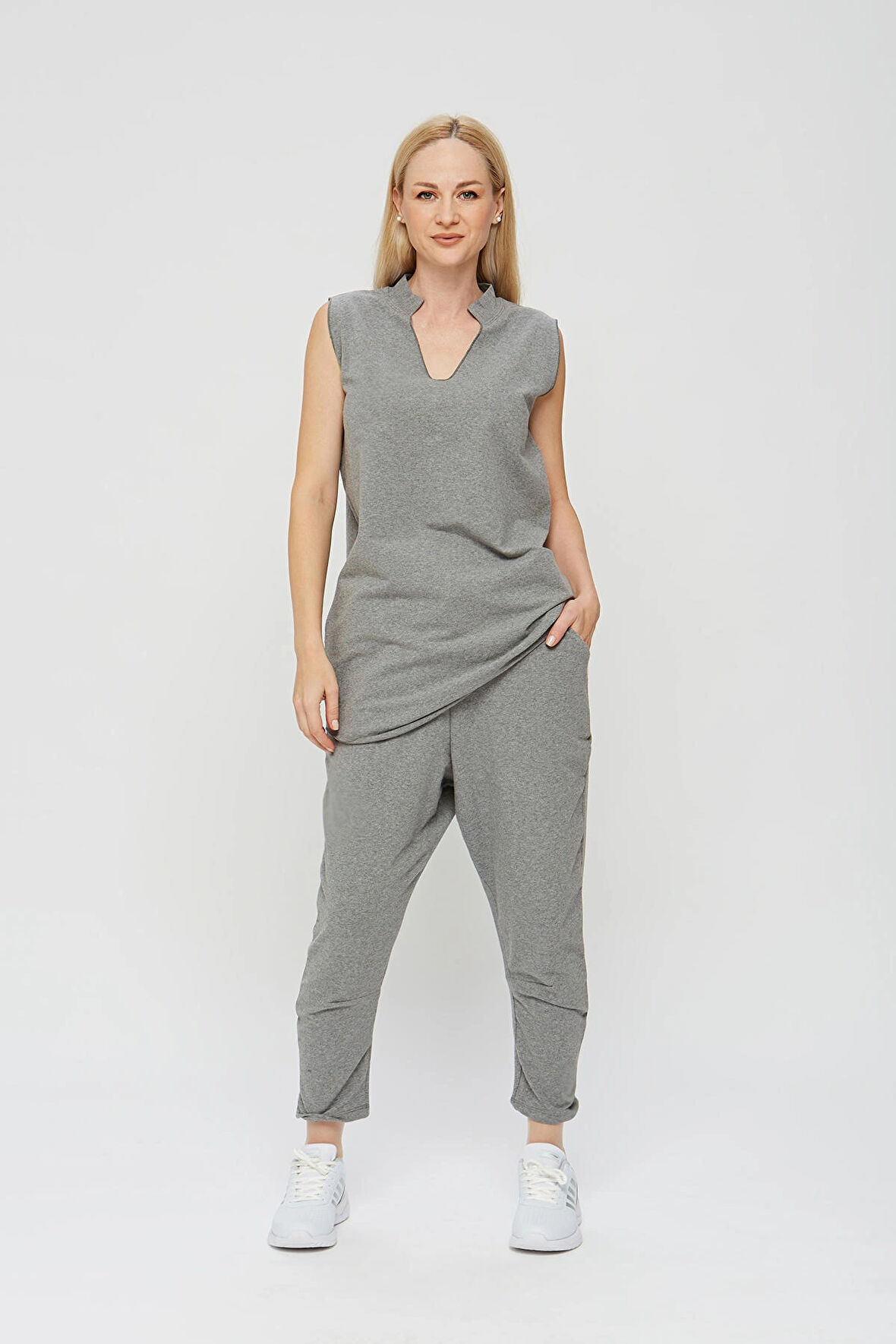 Gri Kadın Oversize Rahat Geniş %100 Pamuk Likra 3 lü Eşofman Takımı