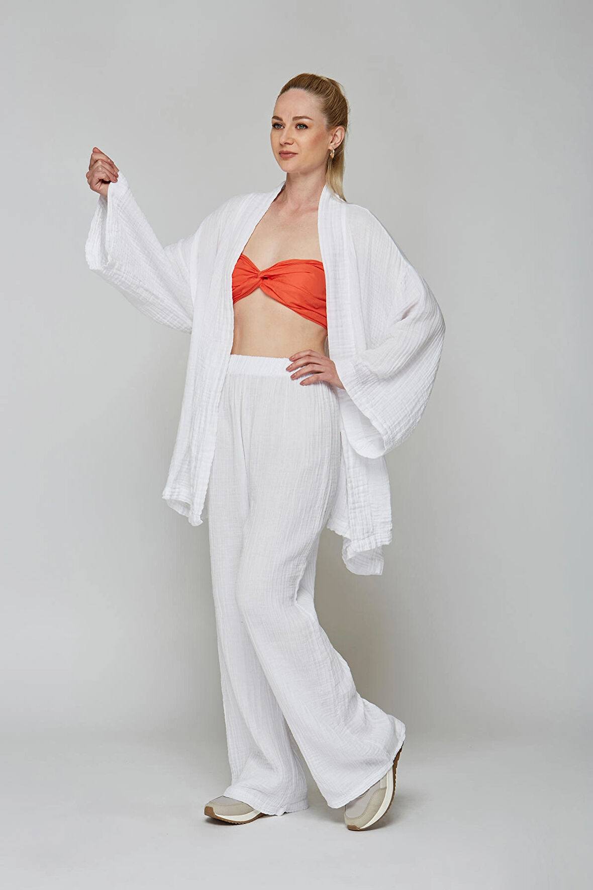 Beyaz Müslin %100 Pamuk Kimono & Pantolon 2 li Takım