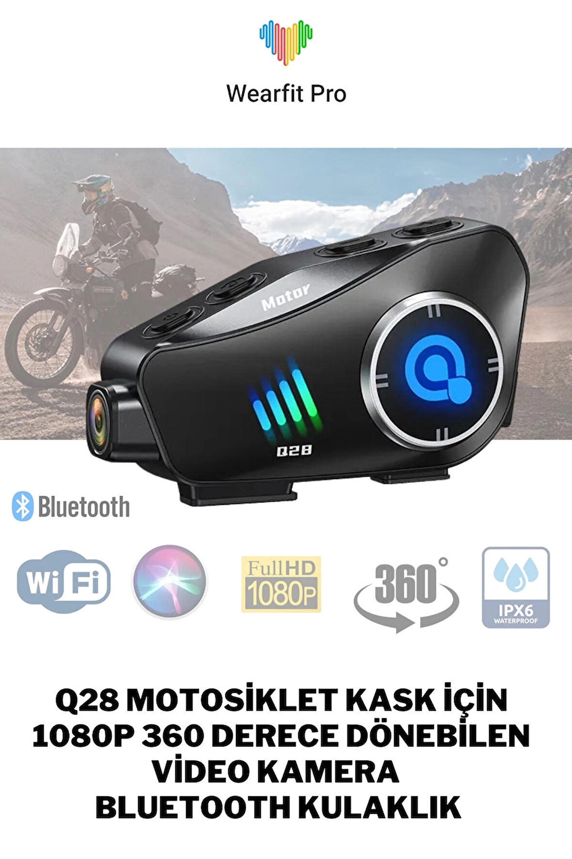 Wearfitpro Q28 Motosiklet Kask İçin 1080p 360 Derece Dönebilen Video Kamera Bluetooth Kulaklık