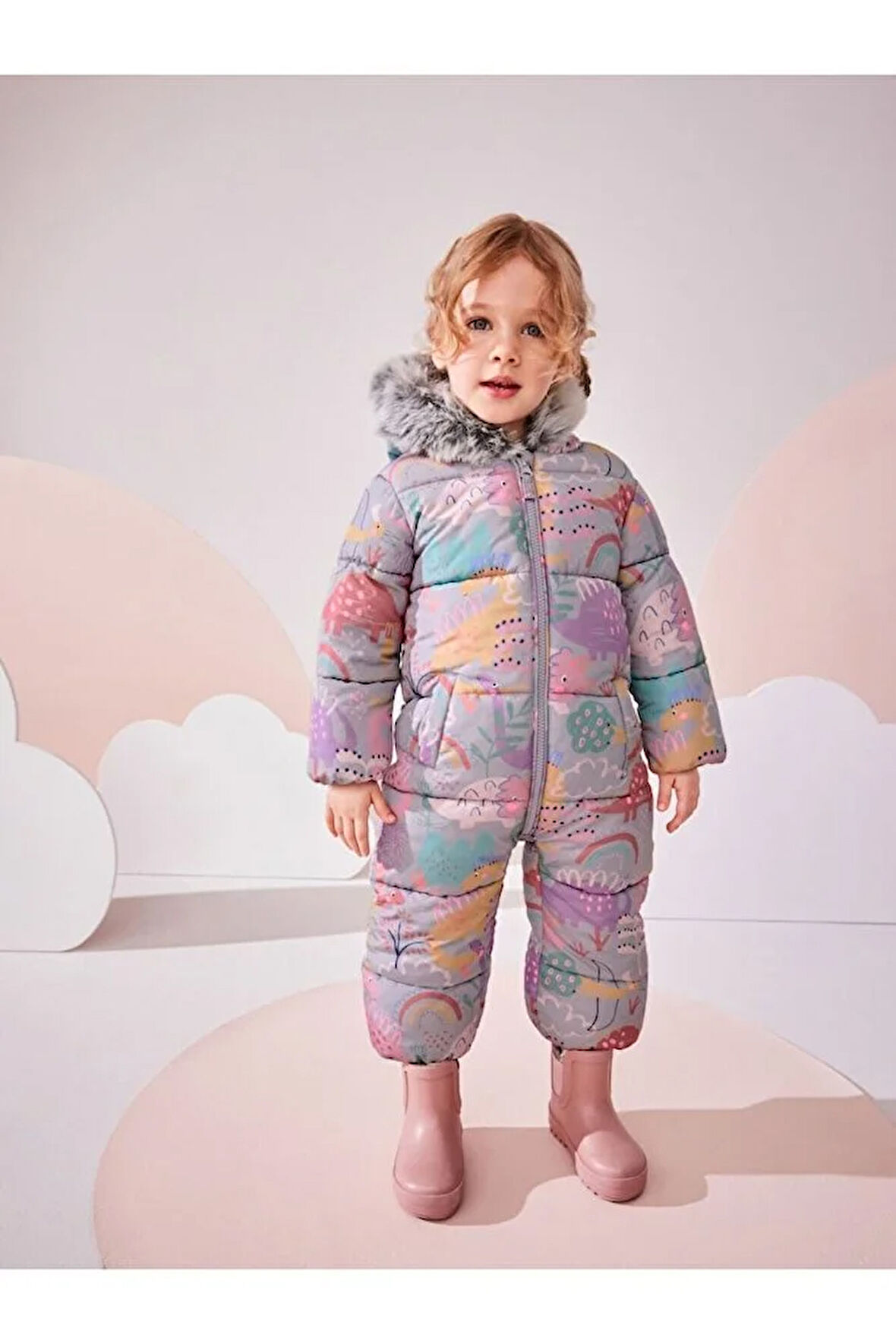 Lila Dinozor Desenli Tam Polar Astarlı Kapüşonlu Suya Dayanıklı Astronot Tulum