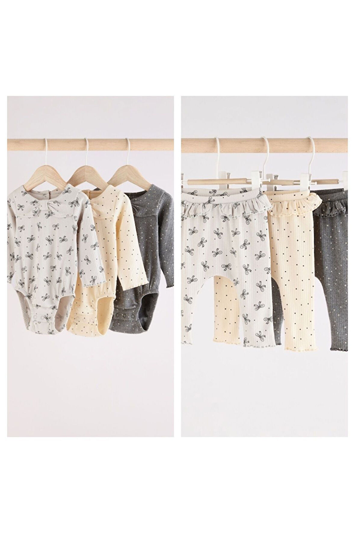 Next Baby Pamuklu Krem Gri Çiçek Desenli Uzun Kollu Body Zıbın Tayt 3’ lü Alt Üst Takım