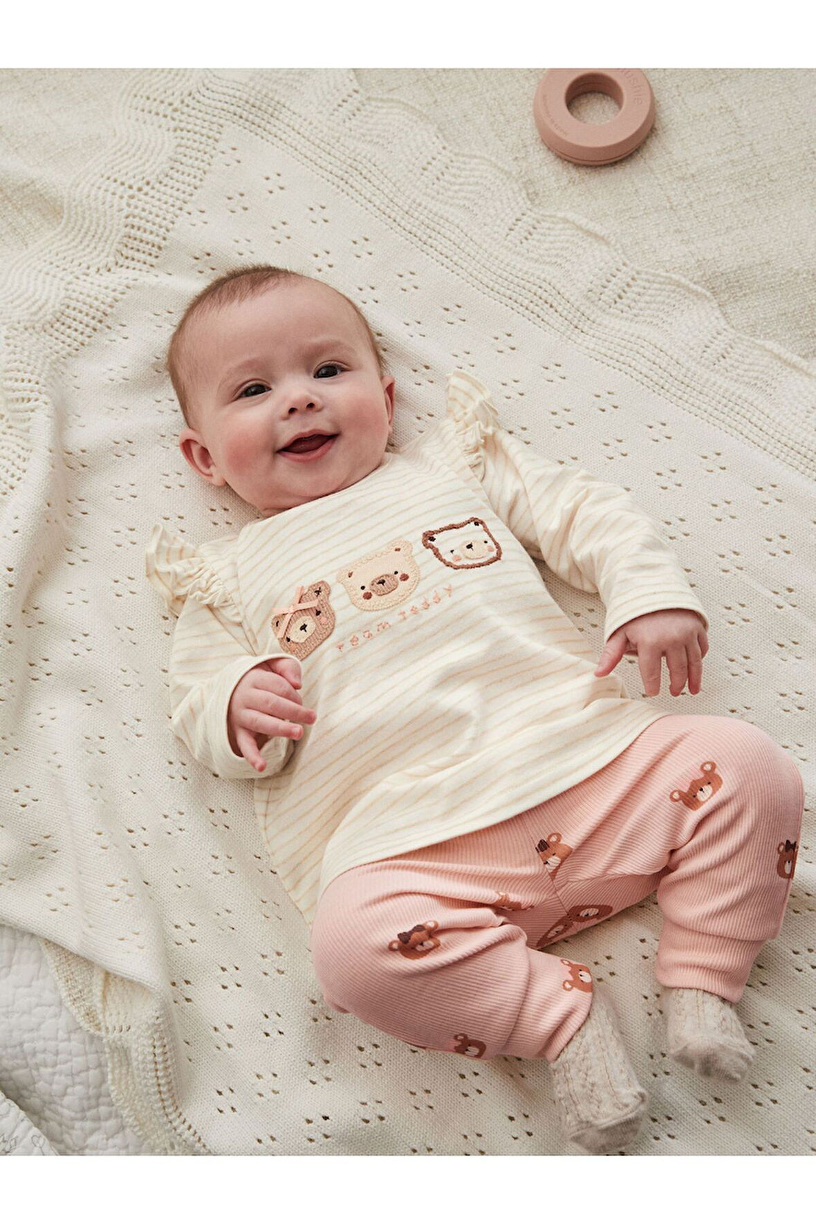 Next Baby Pamuklu Krem Ayı Desenli Uzun Kollu Alt Üst Takım