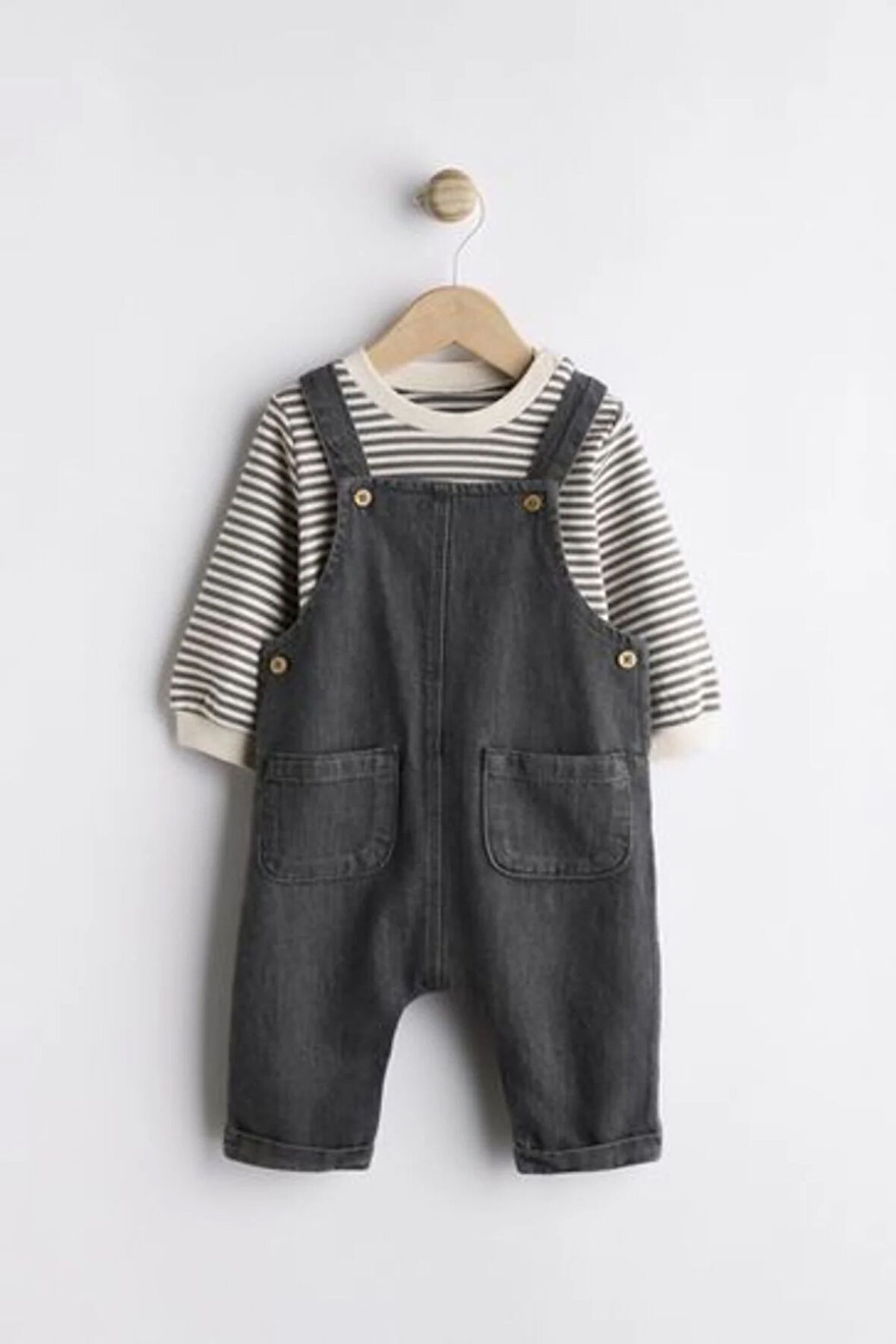 Next Baby Pamuklu Siyah Denim Salopet Body Zıbın Set