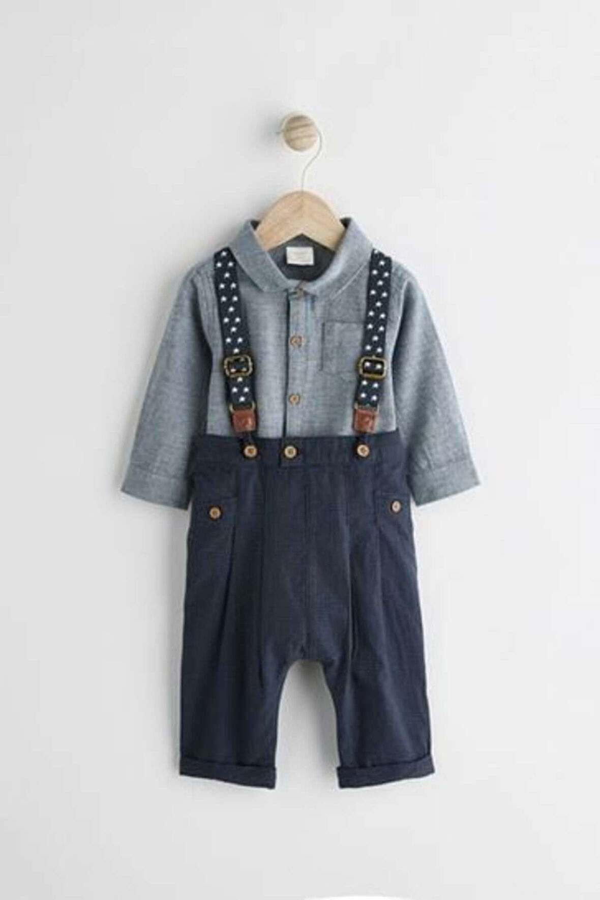Next Baby Pamuklu Lacivert Smart Gömlek Pantolon Askı 3'lü Set