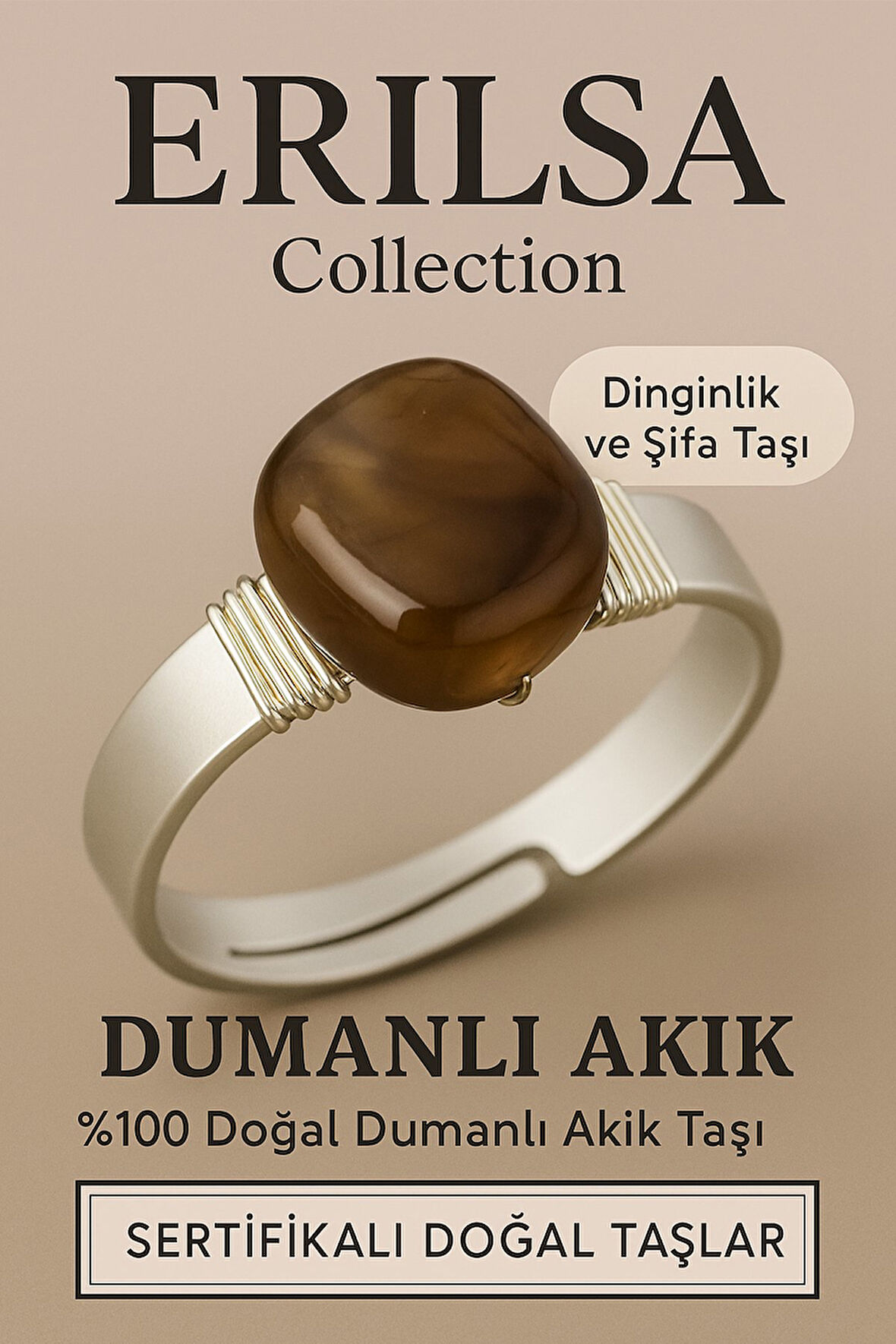 Sertifikalı Doğal Dumanlı Akik Taşı Yüzük – Ayarlanabilir Kalın Tımbıl Kasa