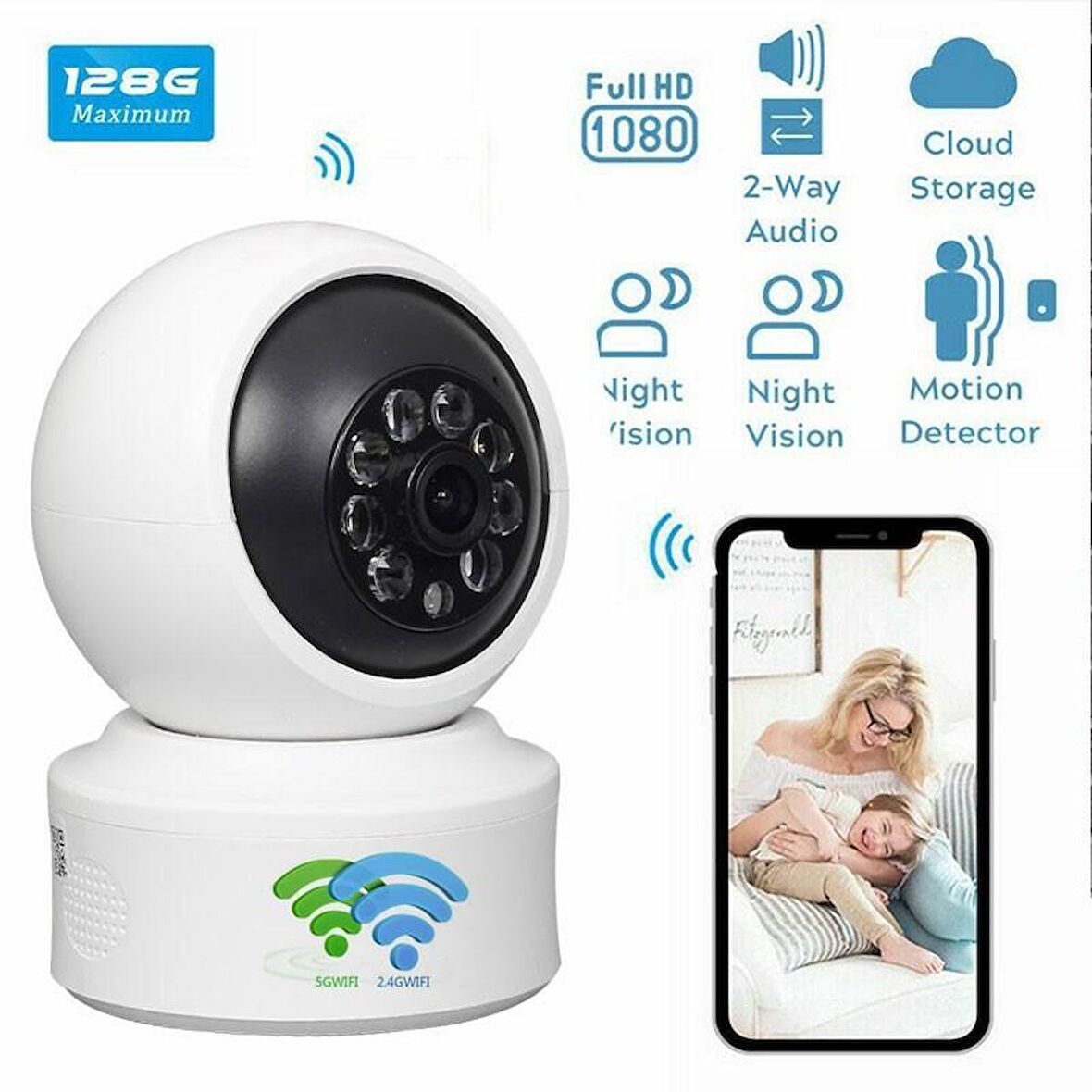 qasul Wifi Kablosuz 1080p 2.4ghz + 5ghz 360° Hareket Izleme Sesli Cctv Ağ Ev Güvenlik Mini Ip Kamera