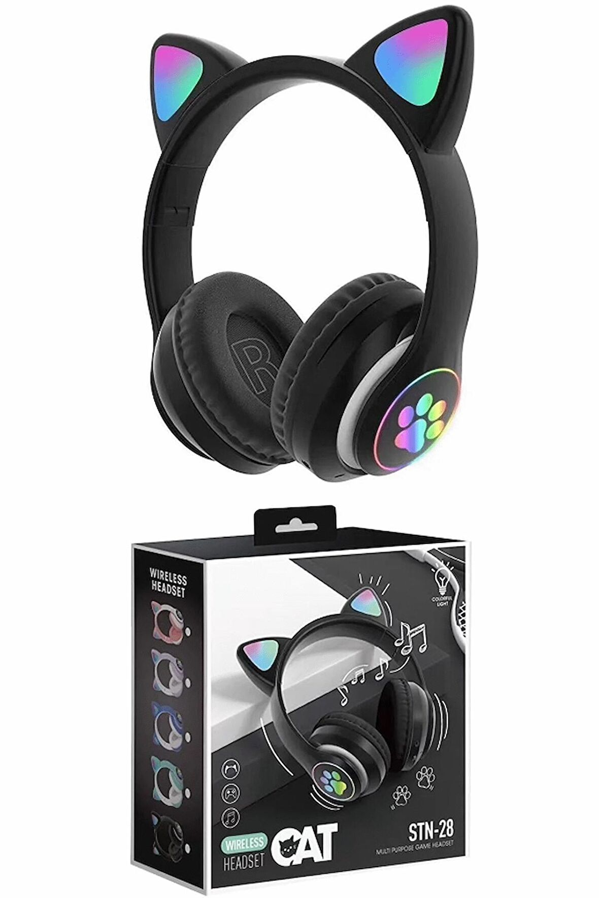 QASUL Kedi Kulak Rgb LED Işıklı Kablosuz Bluetooth Kulaklık Mikronlu Hafıza Kartı Girişli Kedi Kulaklık Kedikulaklık