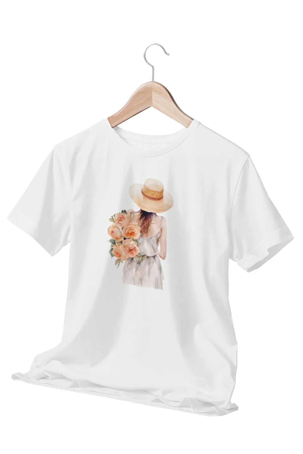 Romantik Kız ve Gülleri İllüstrasyon Baskılı Hediyelik Beyaz Kadın T-Shirt