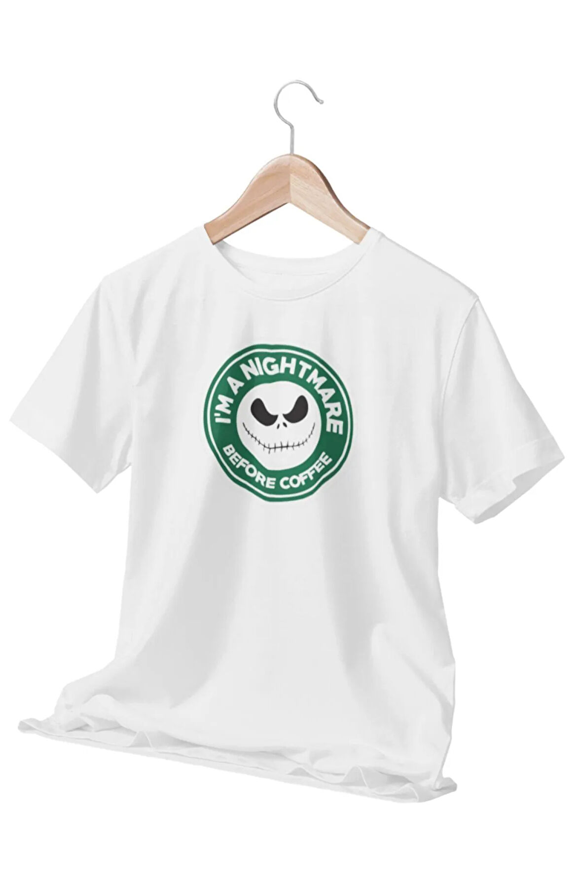 I'm A Nightmare Before Coffee Baskılı Hediyelik Beyaz Unisex T-Shirt