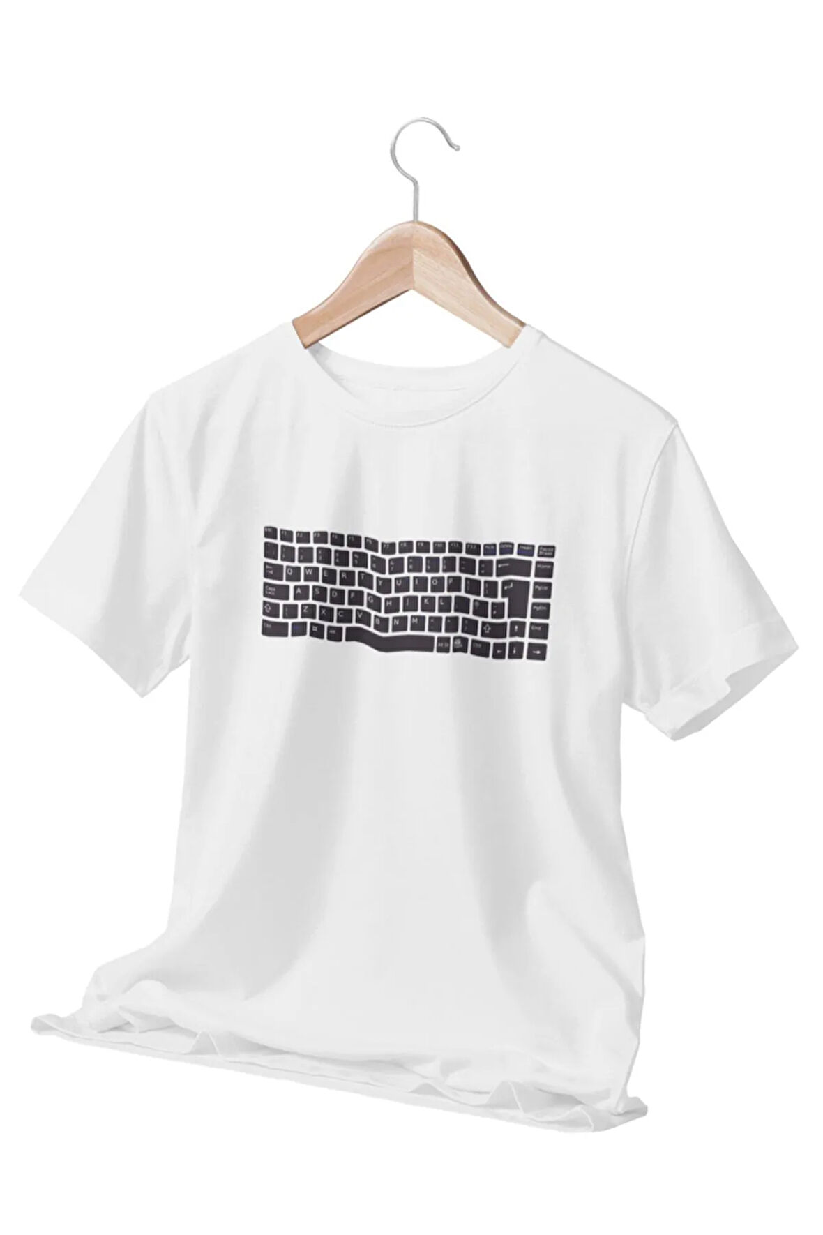 Q Klavye Baskılı Eğlenceli Hediyelik Beyaz Unisex T-Shirt