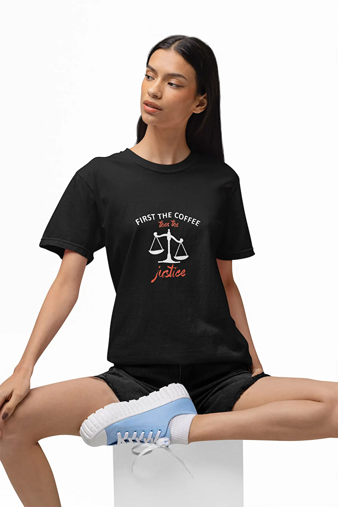 First The Coffee Then The Justice Baskılı-Avukat-Hakim-Savcı Eğlenceli Unisex T-Shirt