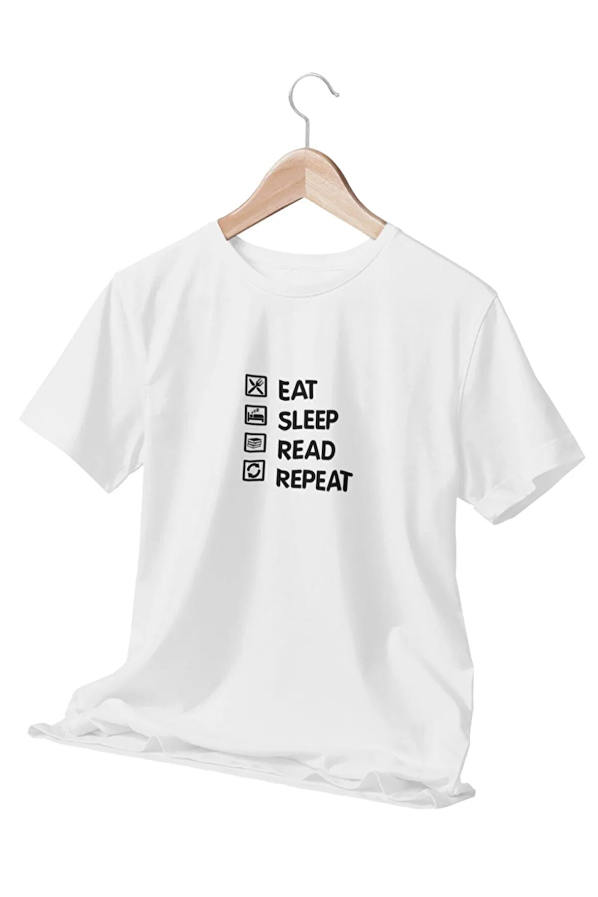Eat Sleep Read Repeat Baskılı Eğlenceli Hediyelik Beyaz Unisex T-Shirt