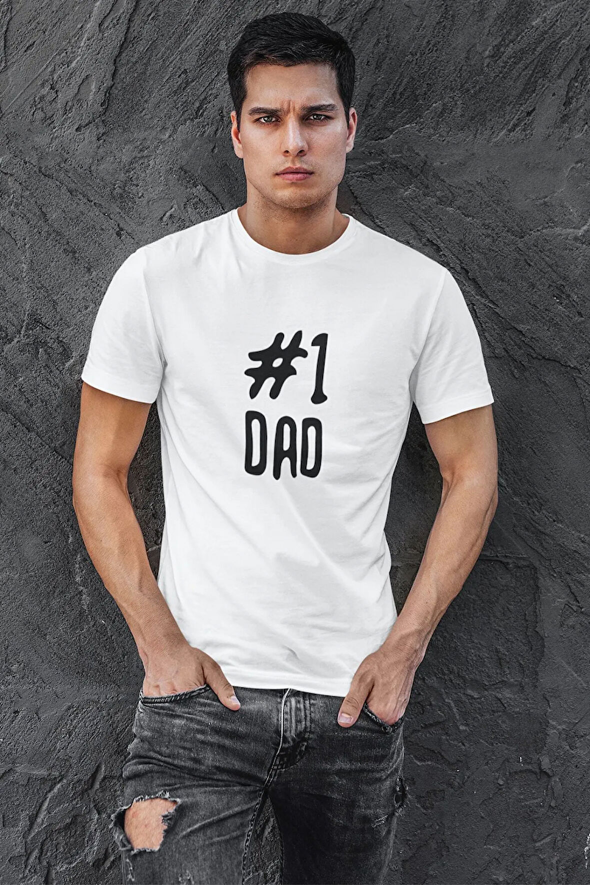 Number One Dad Baskılı Babalar Günü Doğum Günü Eğlenceli Hediyelik Beyaz Unisex T-Shirt